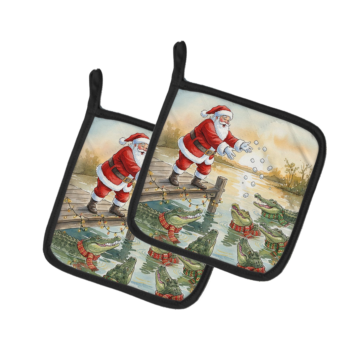 Caroline's Treasures Cajun Santa Claus Feeding the Gators Christmas Pair of Pot Holders