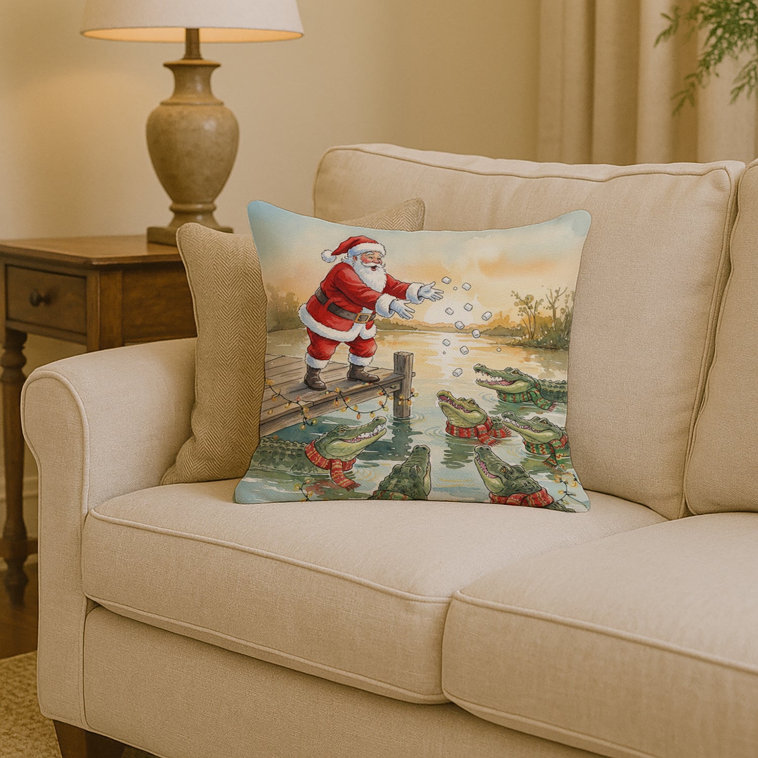 Caroline's Treasures Cajun Santa Claus Feeding the Gators Christmas Throw Pillow