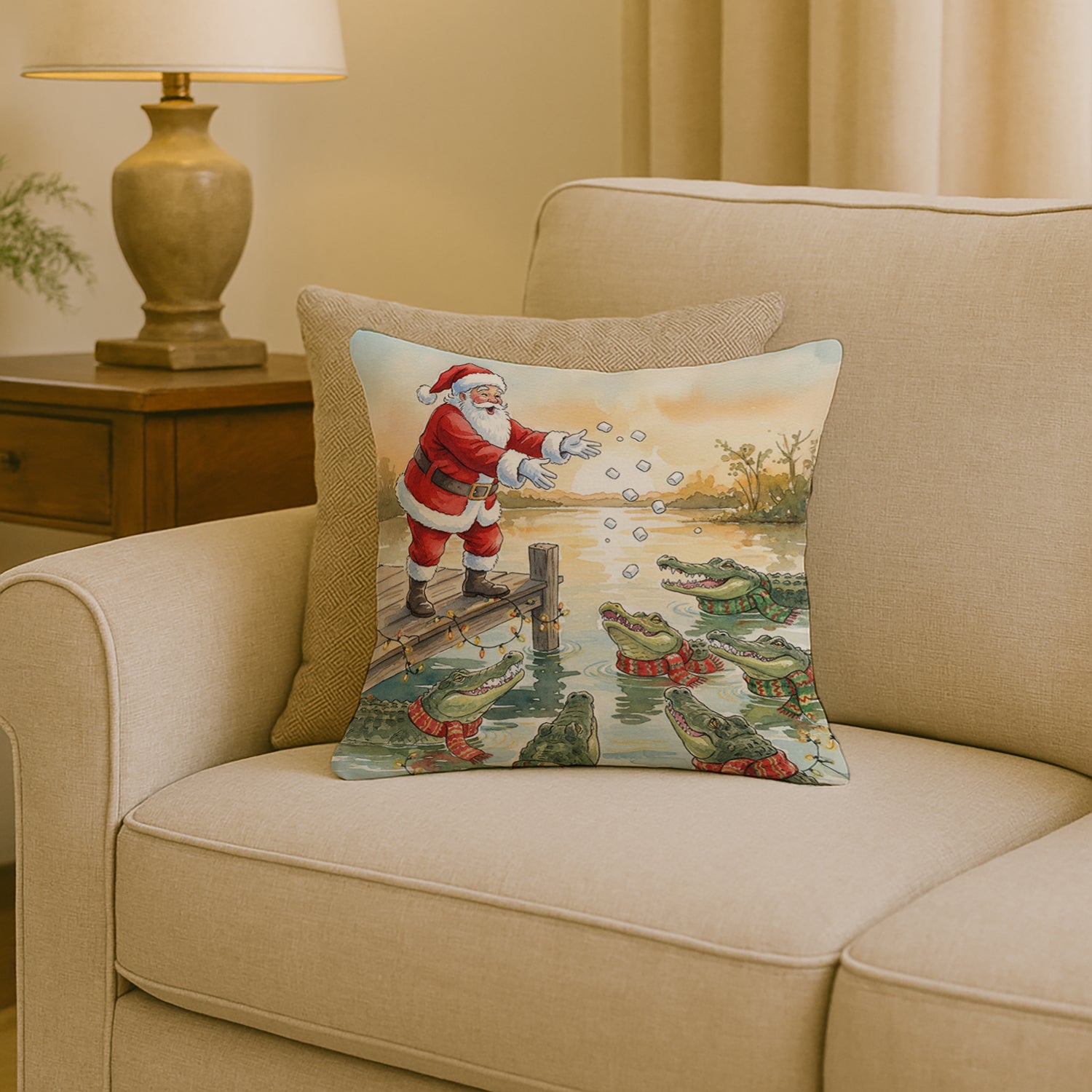 Caroline's Treasures Cajun Santa Claus Feeding the Gators Christmas Throw Pillow
