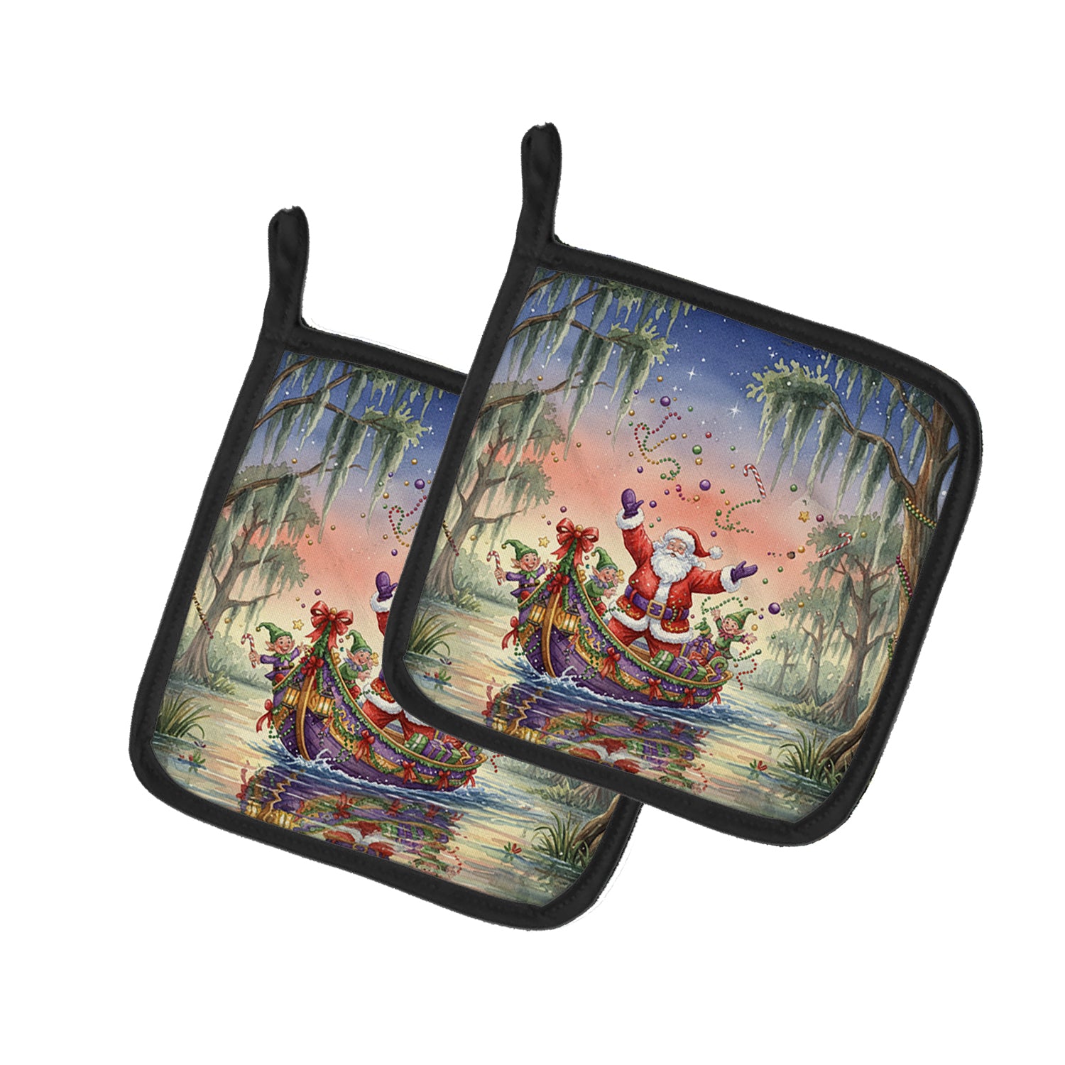 Caroline's Treasures Cajun Santa Claus in the Bayou Christmas Parade Christmas Pair of Pot Holders