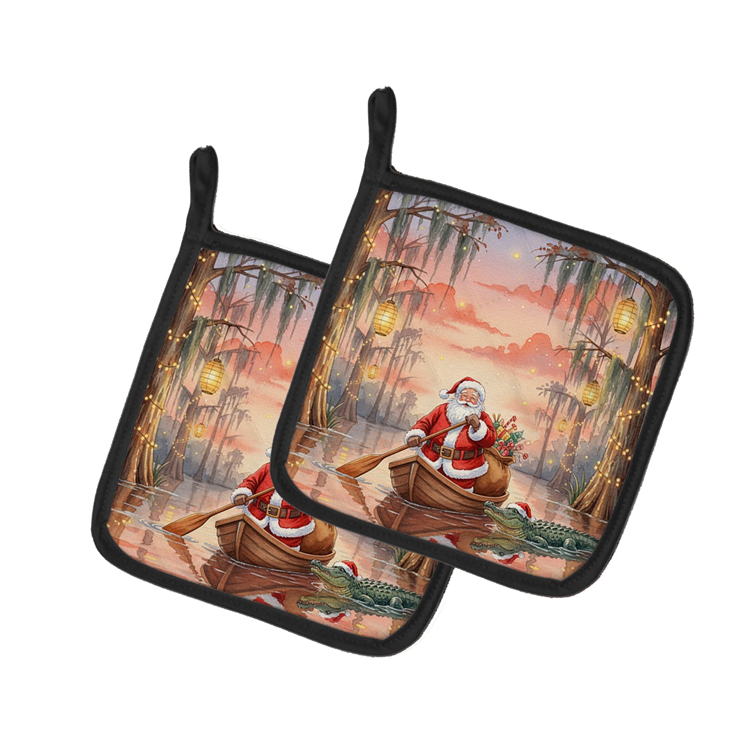 Caroline's Treasures Cajun Santa Claus in the Pirogue Christmas Pair of Pot Holders
