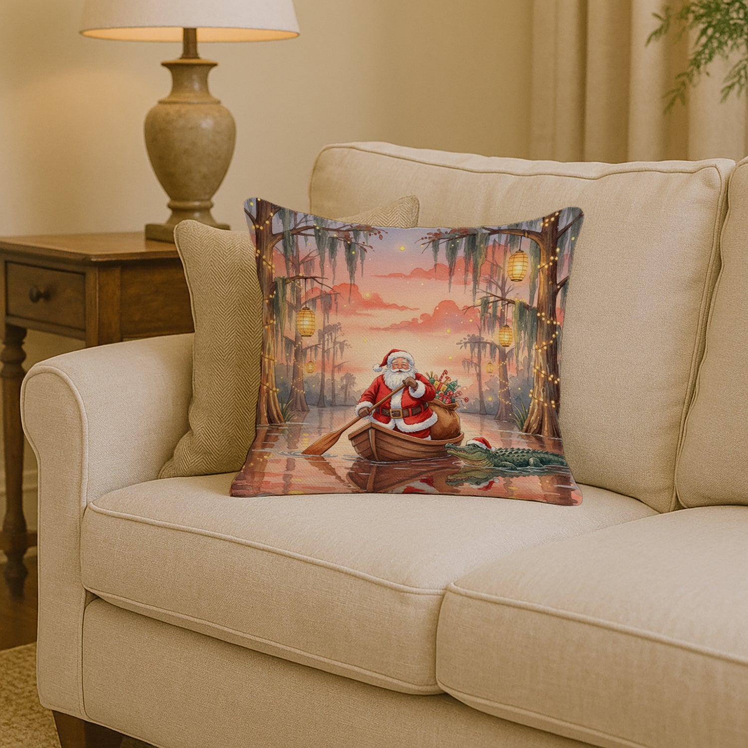 Caroline's Treasures Cajun Santa Claus in the Pirogue Christmas Throw Pillow