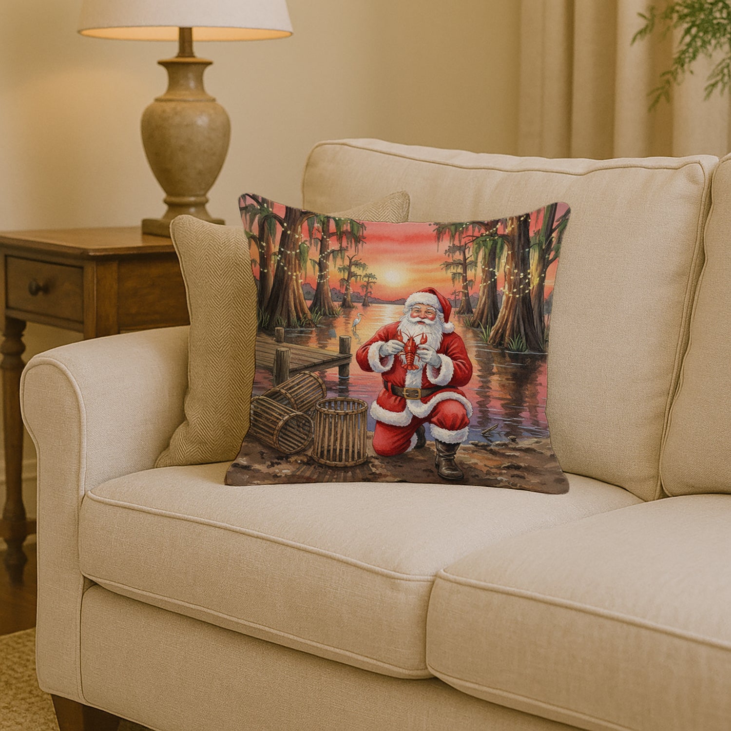 Caroline's Treasures Cajun Santa Claus with Crawfish Christmas Throw Pillow