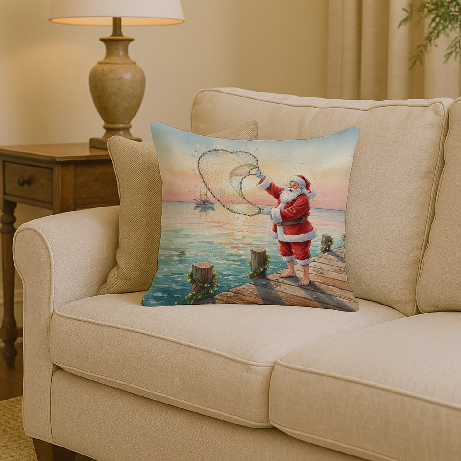 Caroline's Treasures Fishing Santa Claus with Castnet Christmas Throw Pillow
