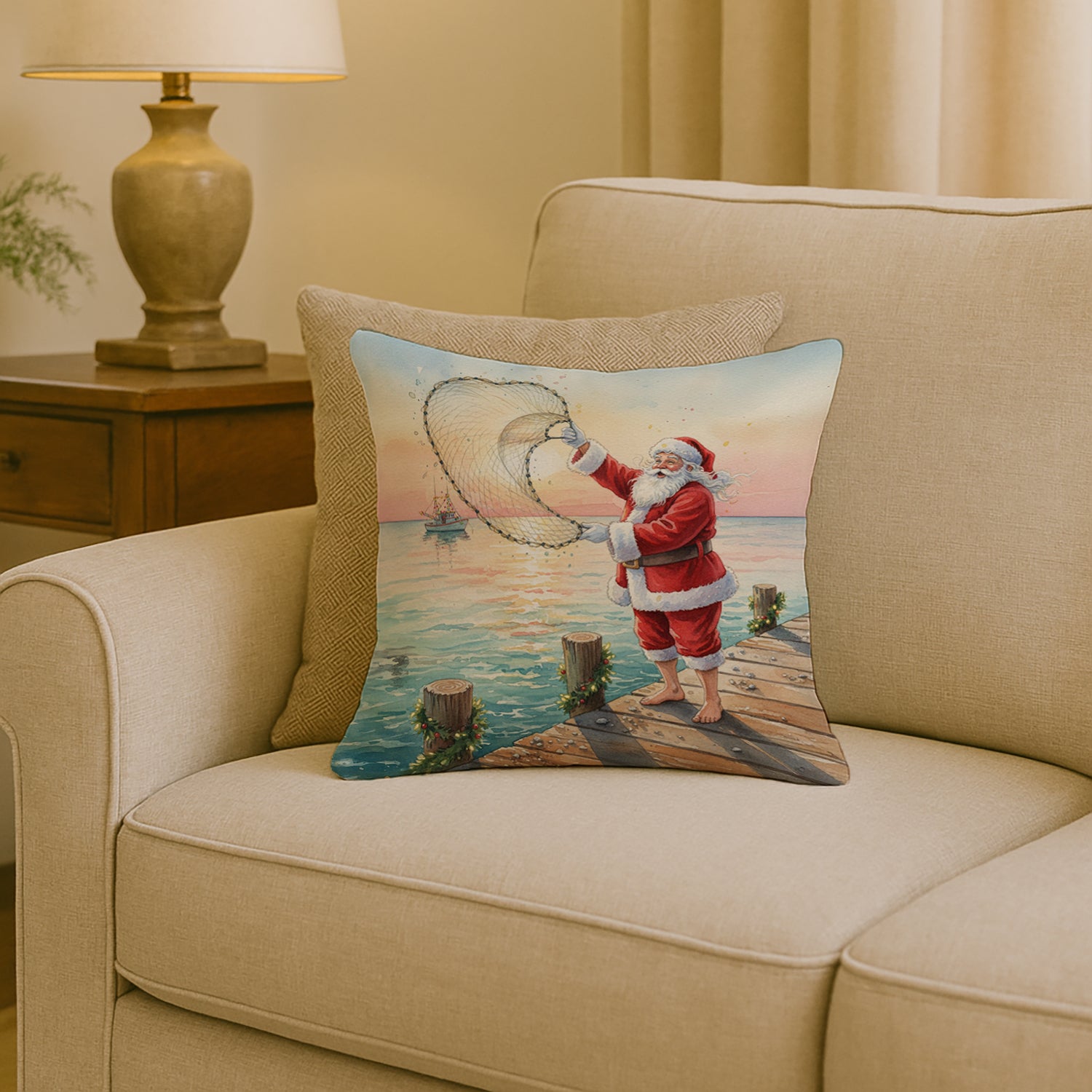 Caroline's Treasures Fishing Santa Claus with Castnet Christmas Throw Pillow