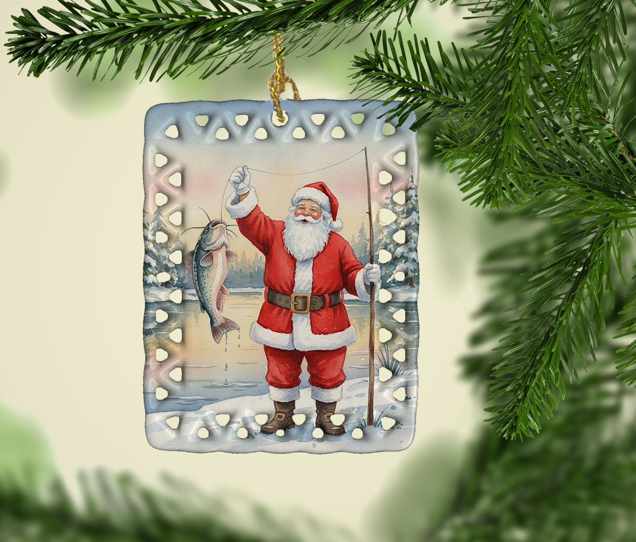 Caroline's Treasures Fishing Santa Claus with Catfish Christmas Porcelain Ornament