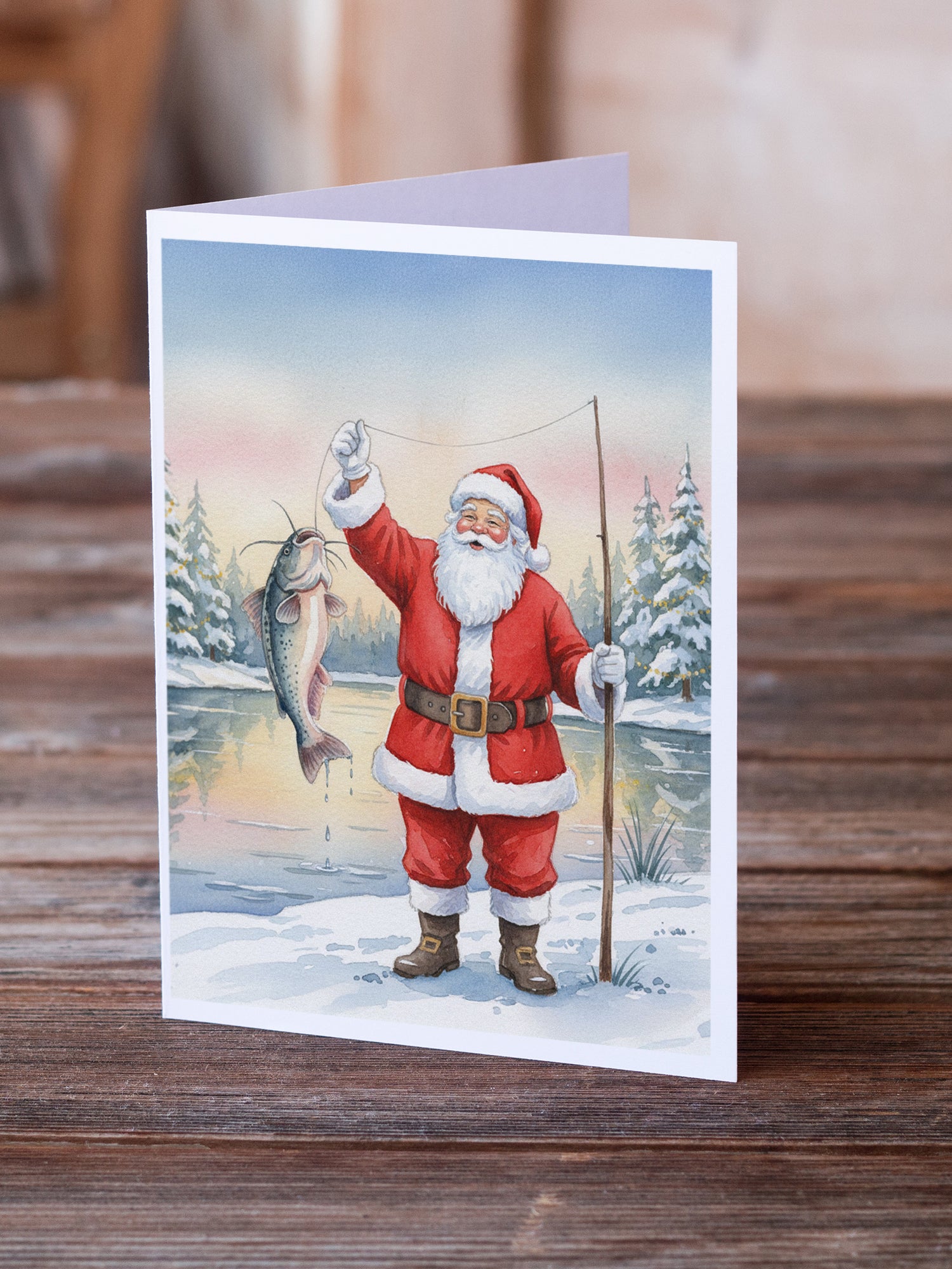 Caroline's Treasures Fishing Santa Claus with Catfish Christmas Greeting Cards Pack of 8