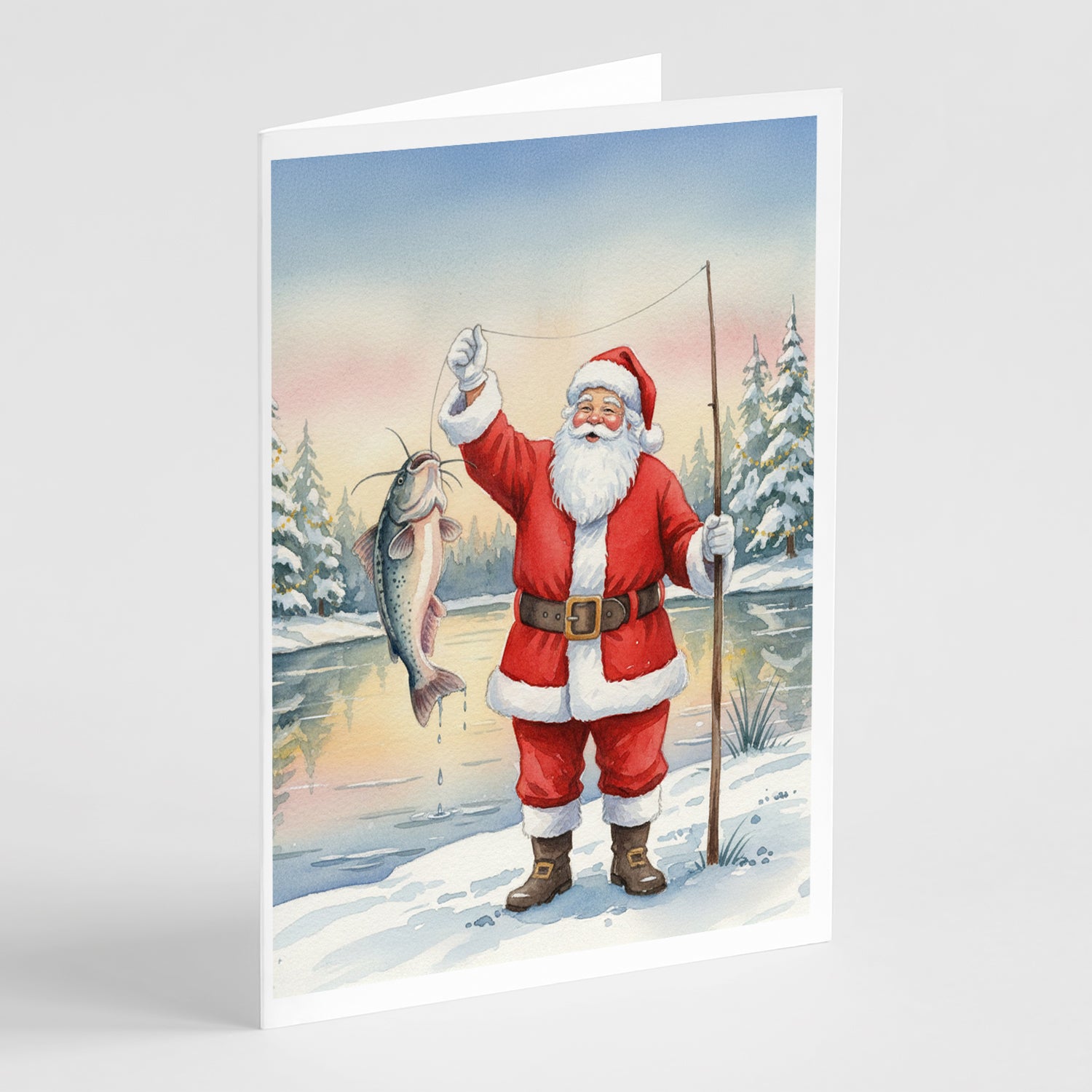 Caroline's Treasures Fishing Santa Claus with Catfish Christmas Greeting Cards Pack of 8