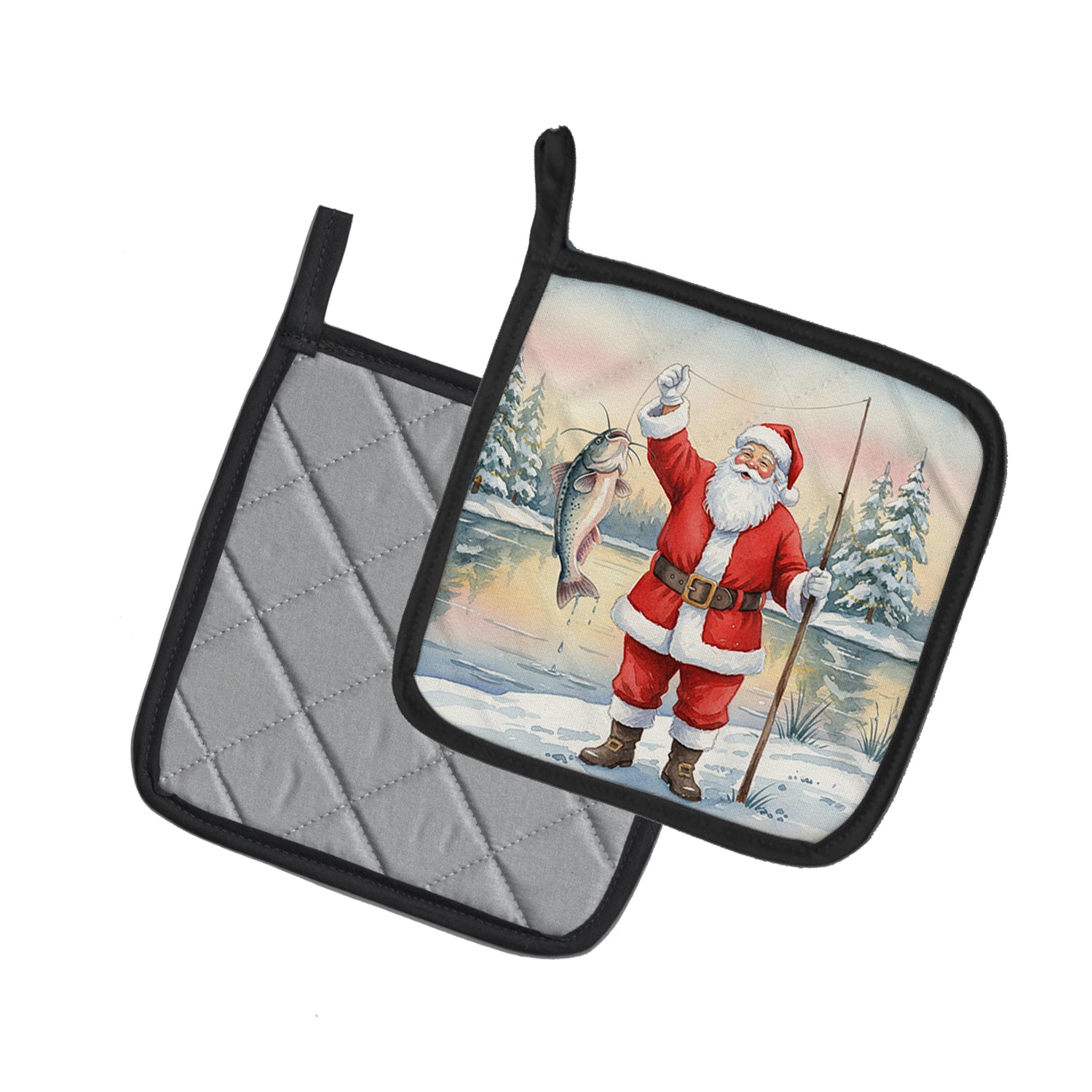 Caroline's Treasures Fishing Santa Claus with Catfish Christmas Pair of Pot Holders