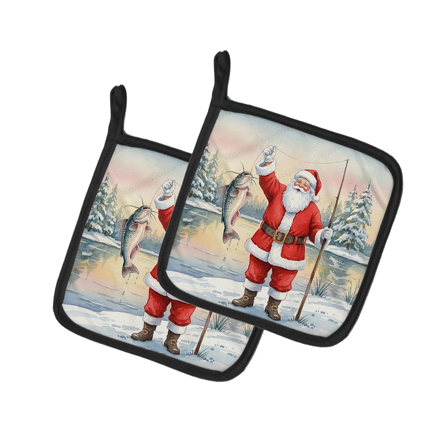 Caroline's Treasures Fishing Santa Claus with Catfish Christmas Pair of Pot Holders