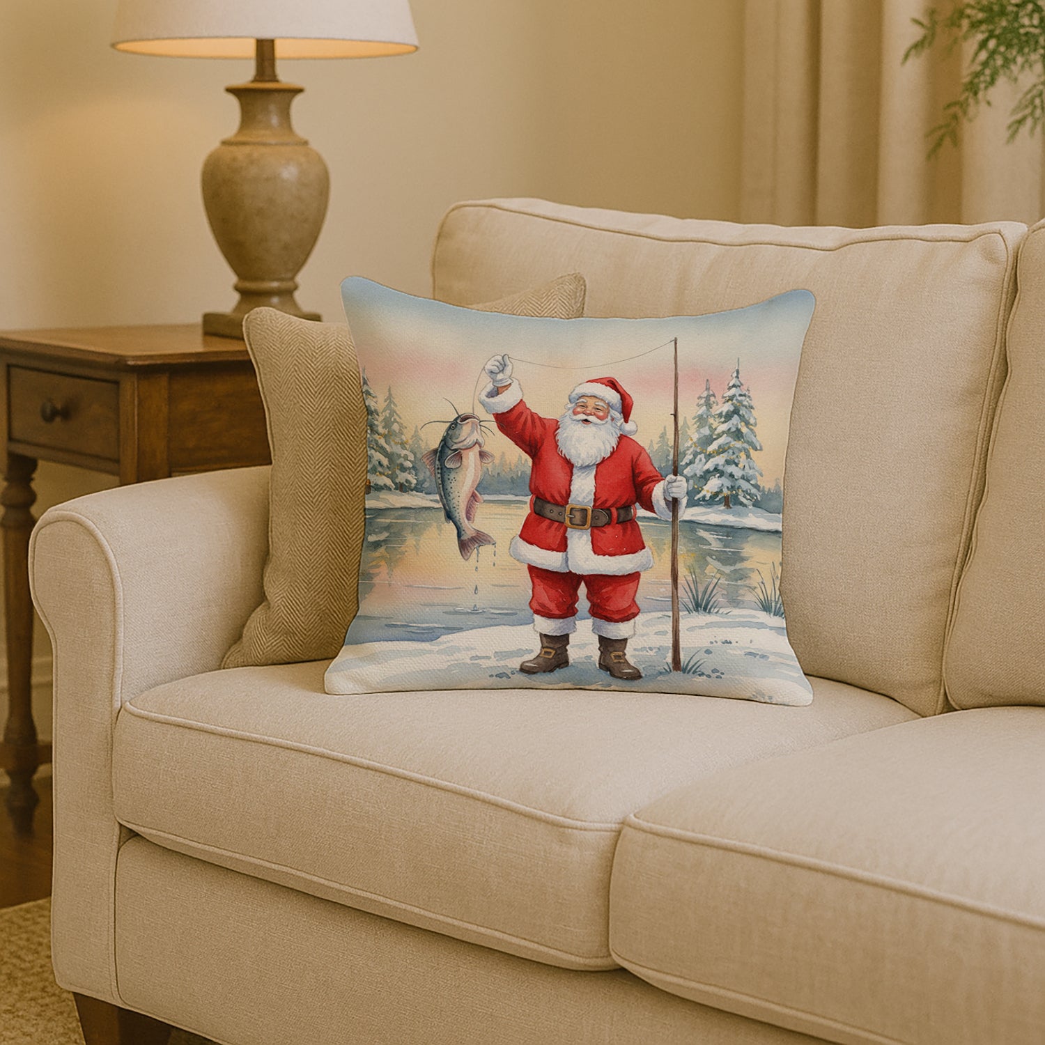 Caroline's Treasures Fishing Santa Claus with Catfish Christmas Throw Pillow