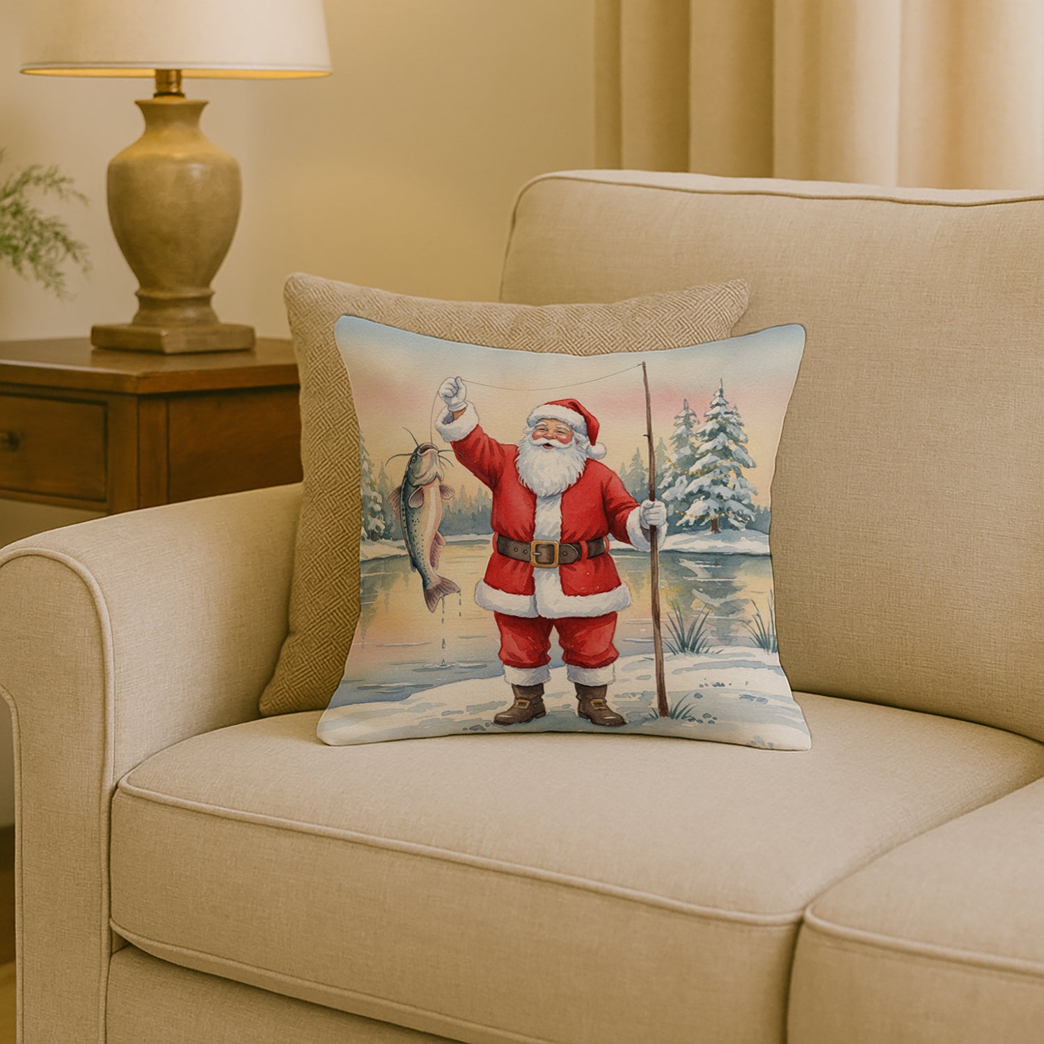 Caroline's Treasures Fishing Santa Claus with Catfish Christmas Throw Pillow