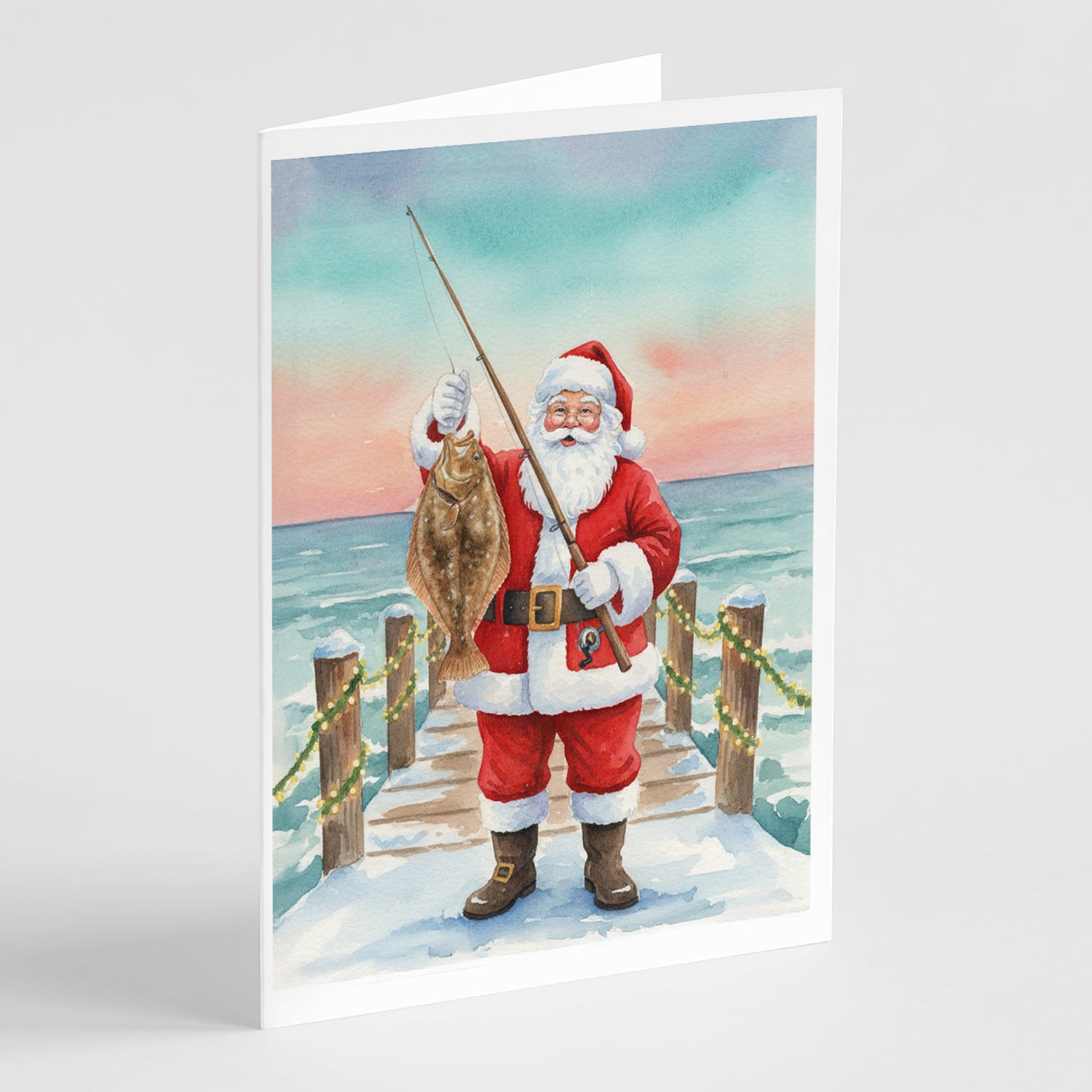 Caroline's Treasures Fishing Santa Claus with Flounder Christmas Greeting Cards Pack of 8