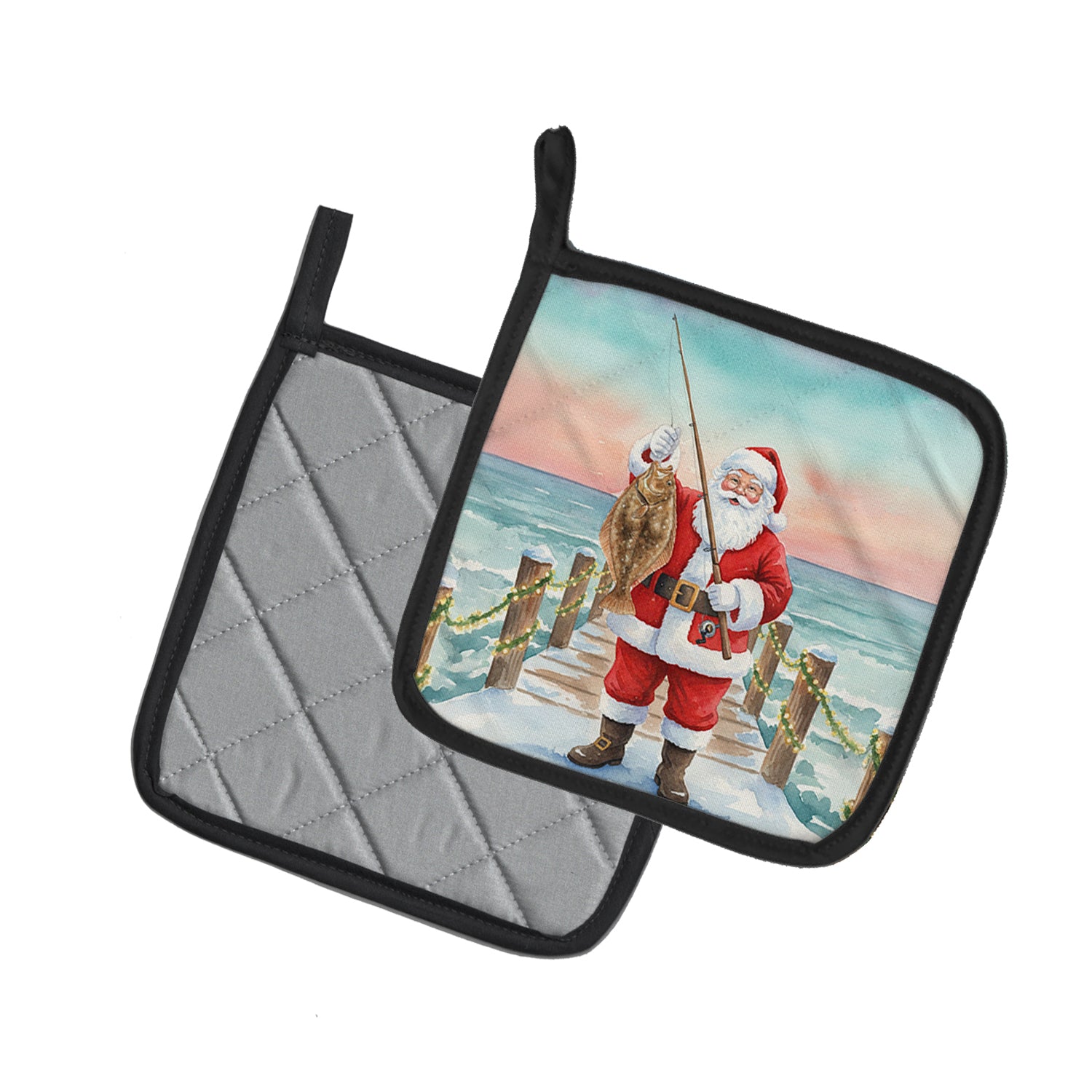 Caroline's Treasures Fishing Santa Claus with Flounder Christmas Pair of Pot Holders