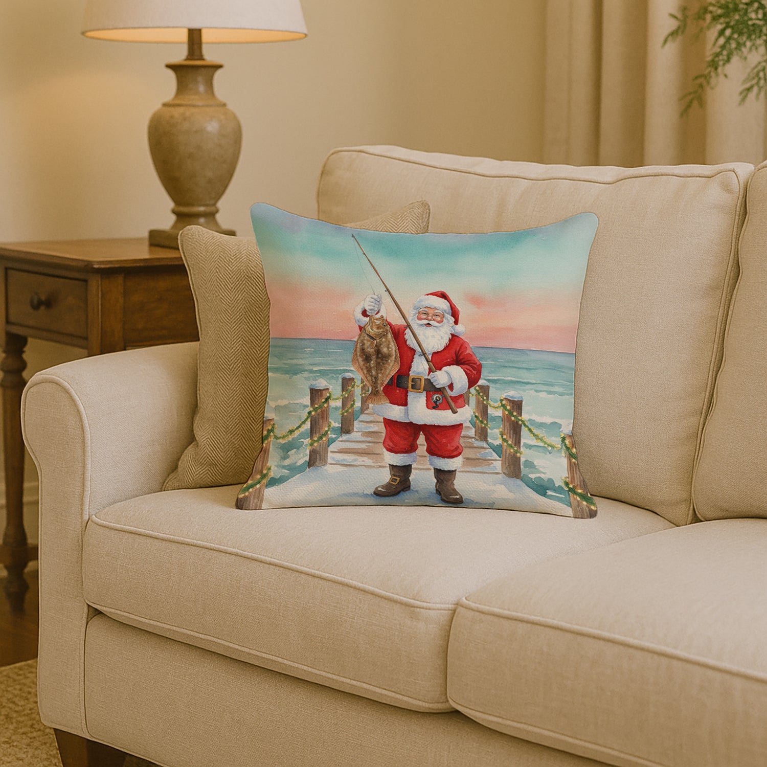Caroline's Treasures Fishing Santa Claus with Flounder Christmas Throw Pillow