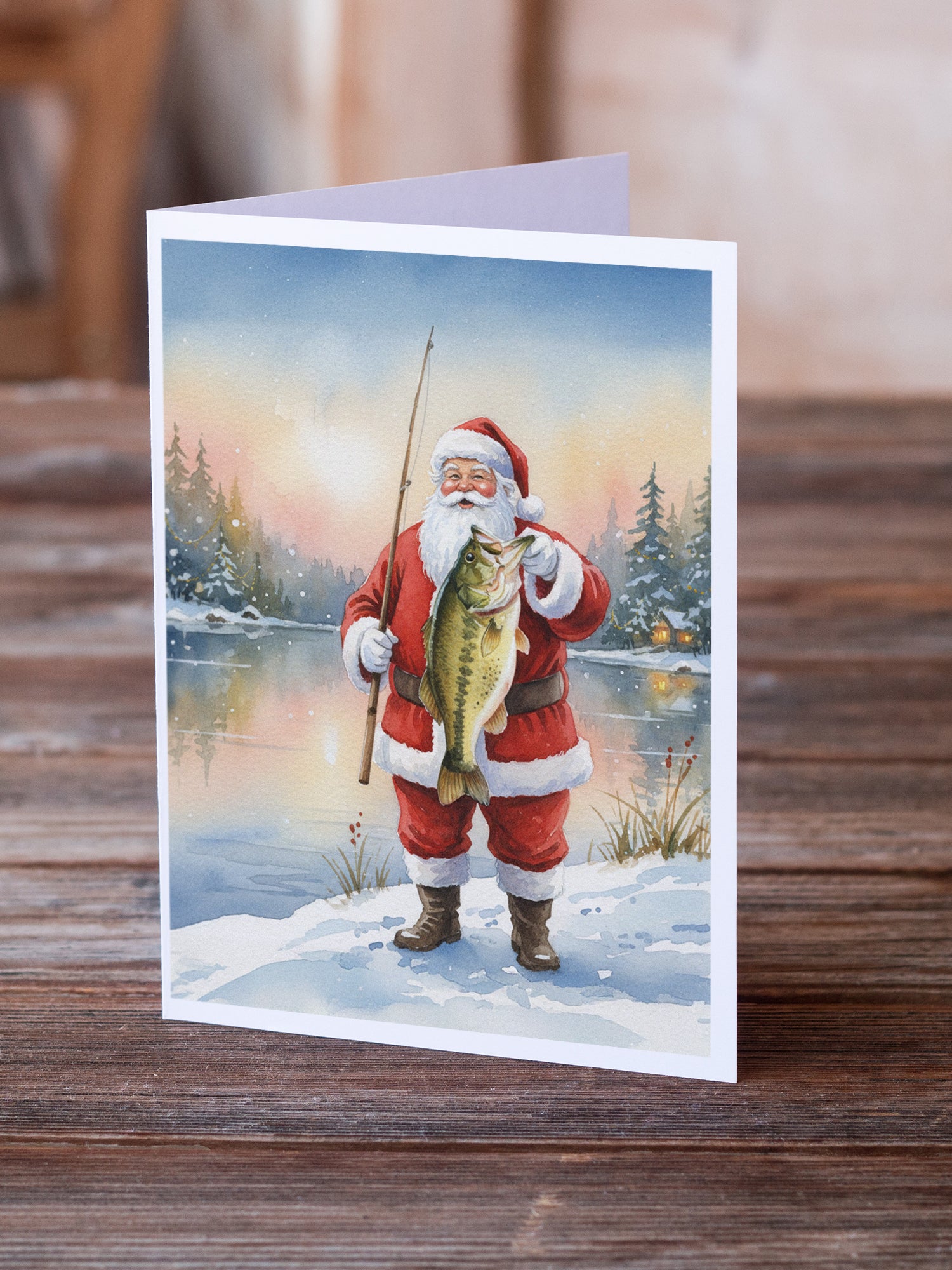Caroline's Treasures Fishing Santa Claus with Largemouth Bass Christmas Greeting Cards Pack of 8