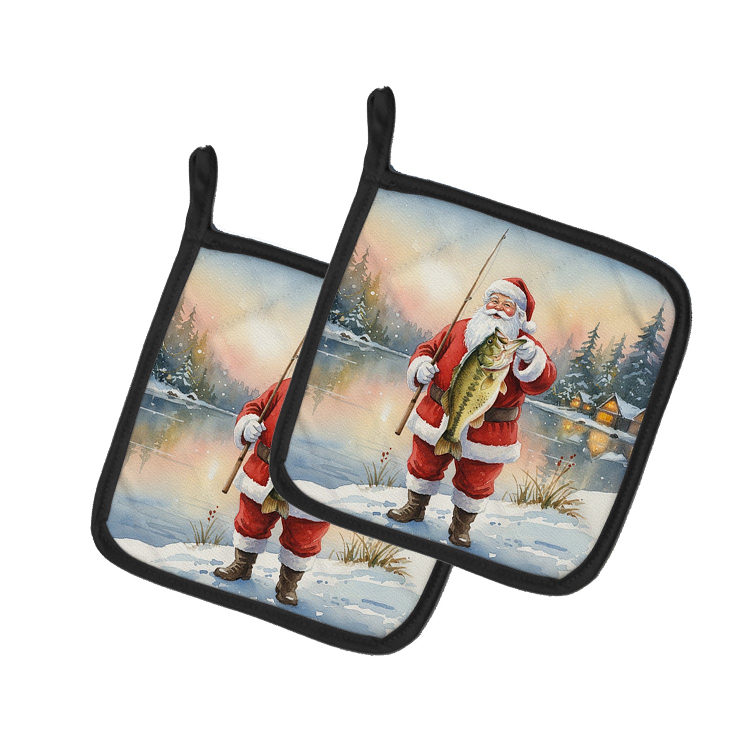 Caroline's Treasures Fishing Santa Claus with Largemouth Bass Christmas Pair of Pot Holders