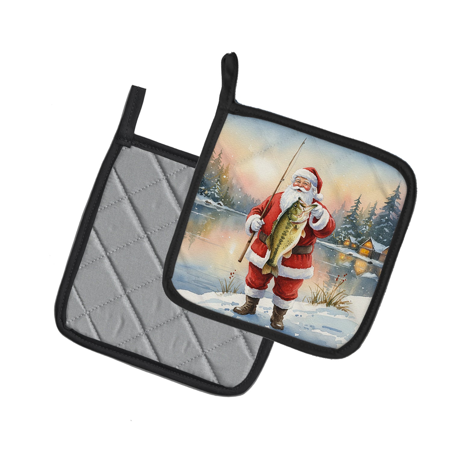 Caroline's Treasures Fishing Santa Claus with Largemouth Bass Christmas Pair of Pot Holders