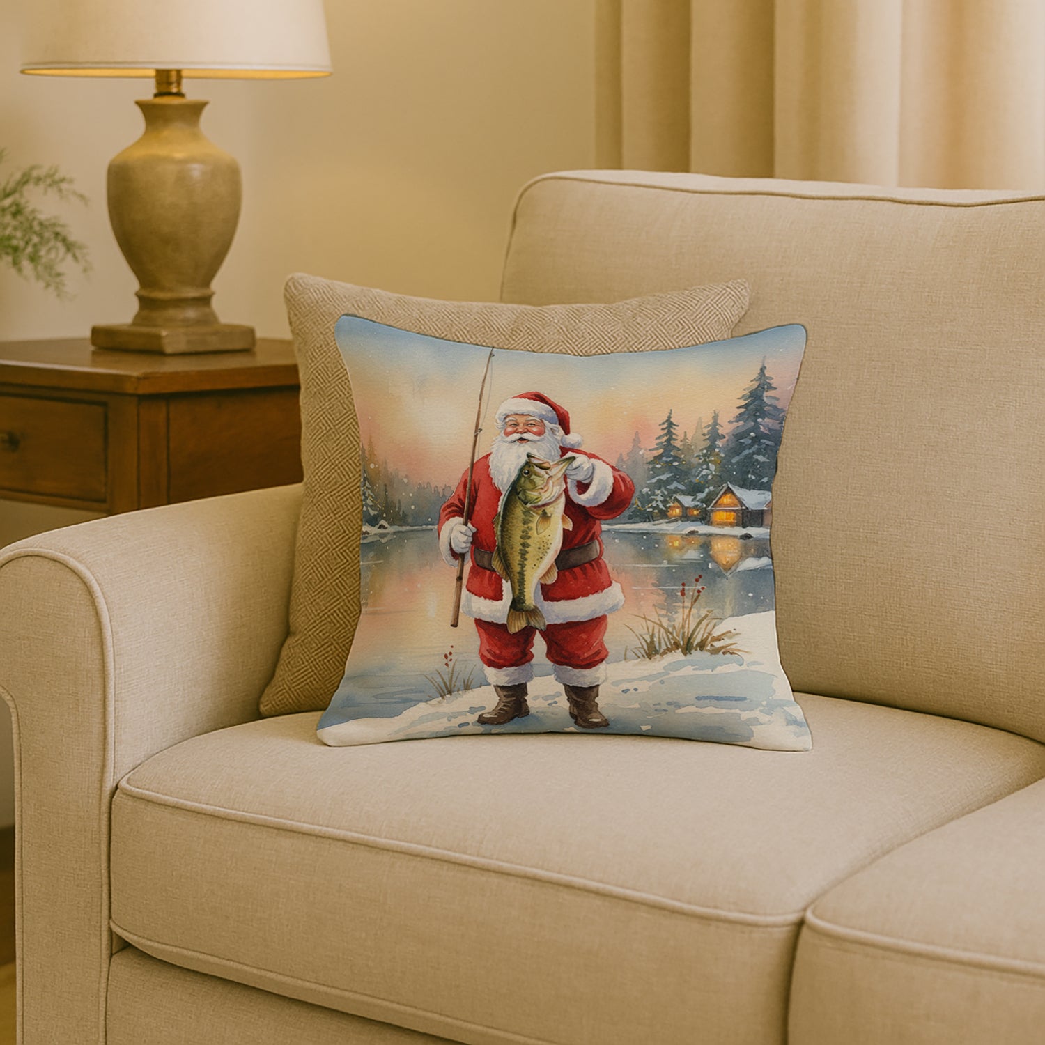 Caroline's Treasures Fishing Santa Claus with Largemouth Bass Christmas Throw Pillow