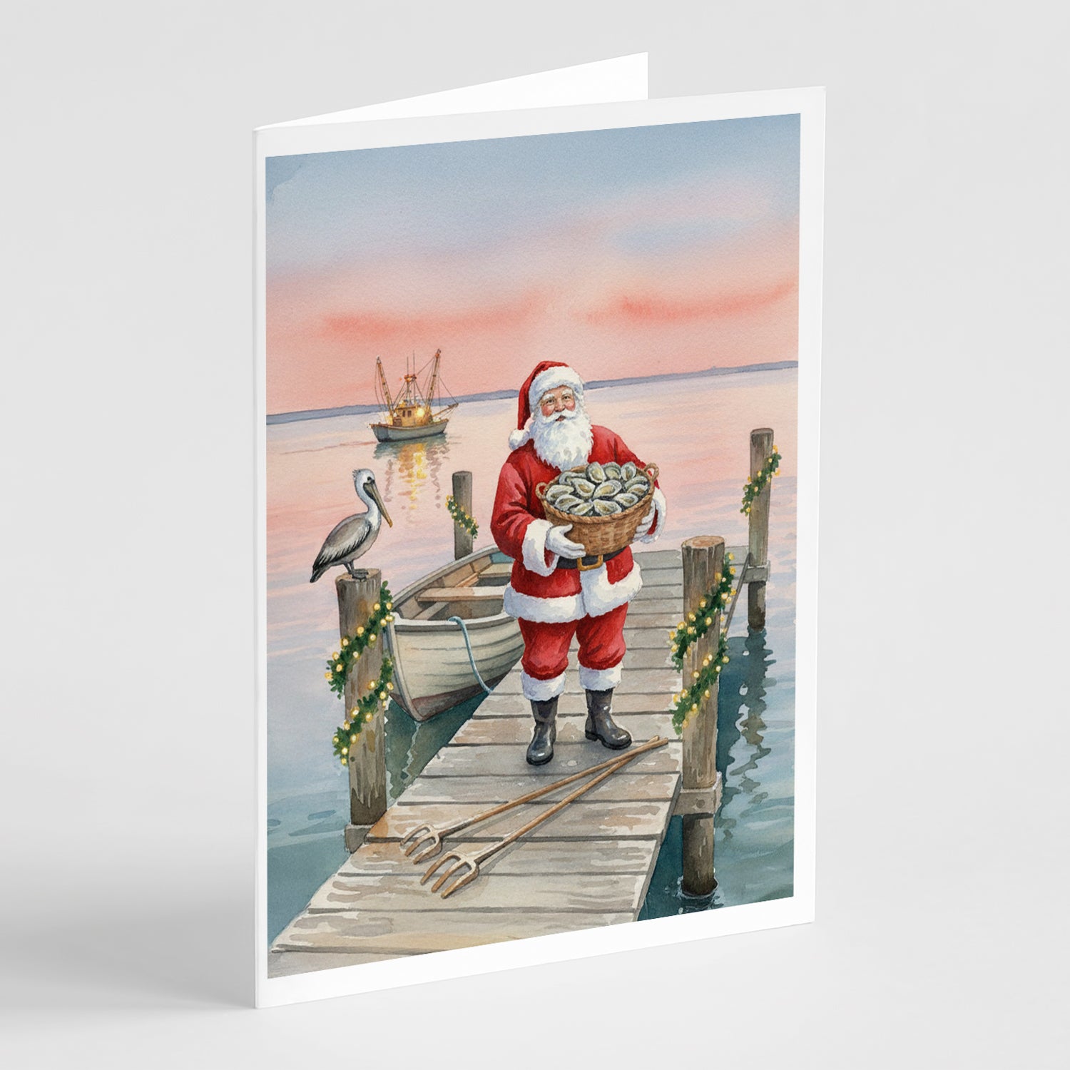 Caroline's Treasures Fishing Santa Claus with Oysters Christmas Greeting Cards Pack of 8