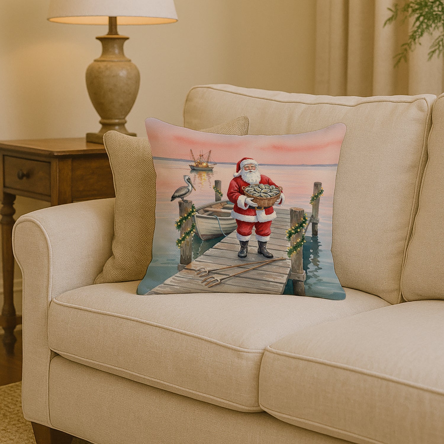 Caroline's Treasures Fishing Santa Claus with Oysters Christmas Throw Pillow