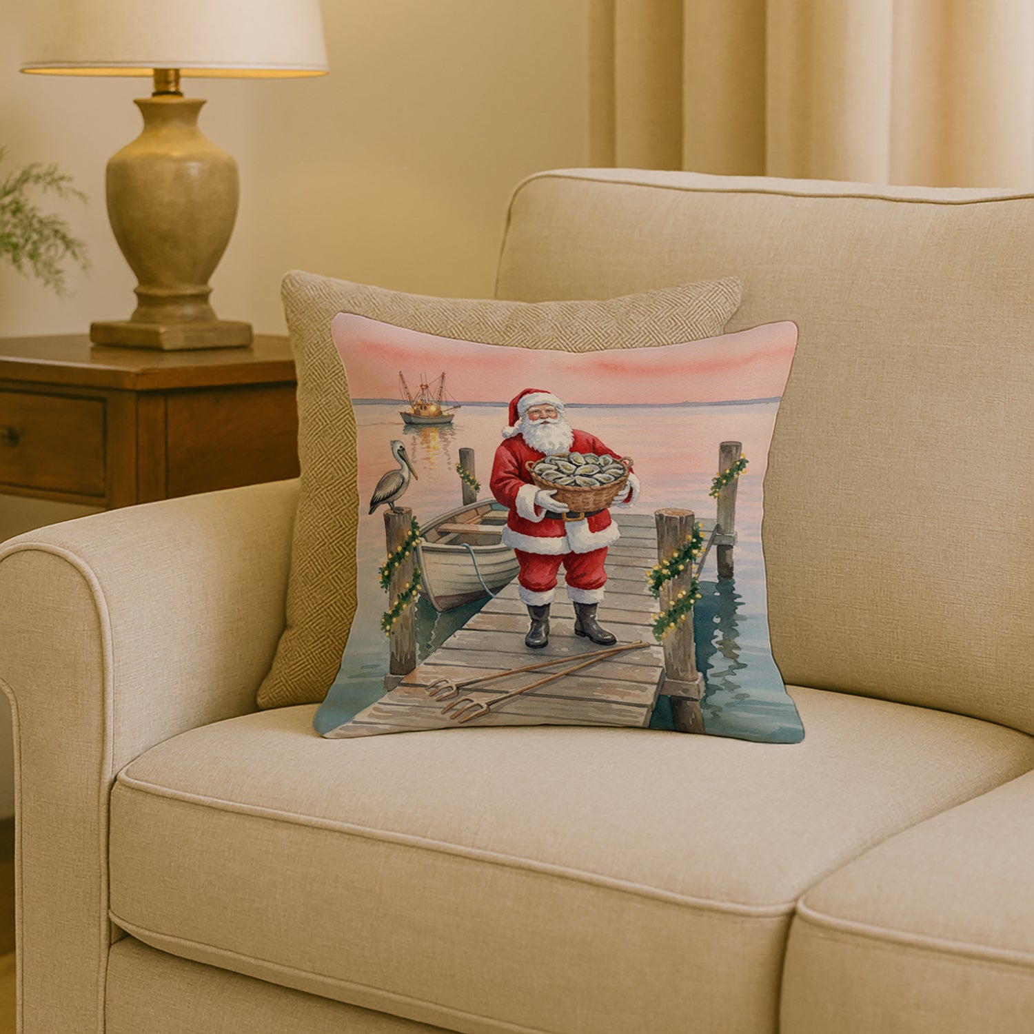 Caroline's Treasures Fishing Santa Claus with Oysters Christmas Throw Pillow