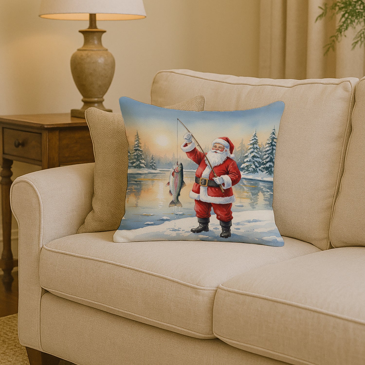 Caroline's Treasures Fishing Santa Claus with Rainbow Trout Christmas Throw Pillow