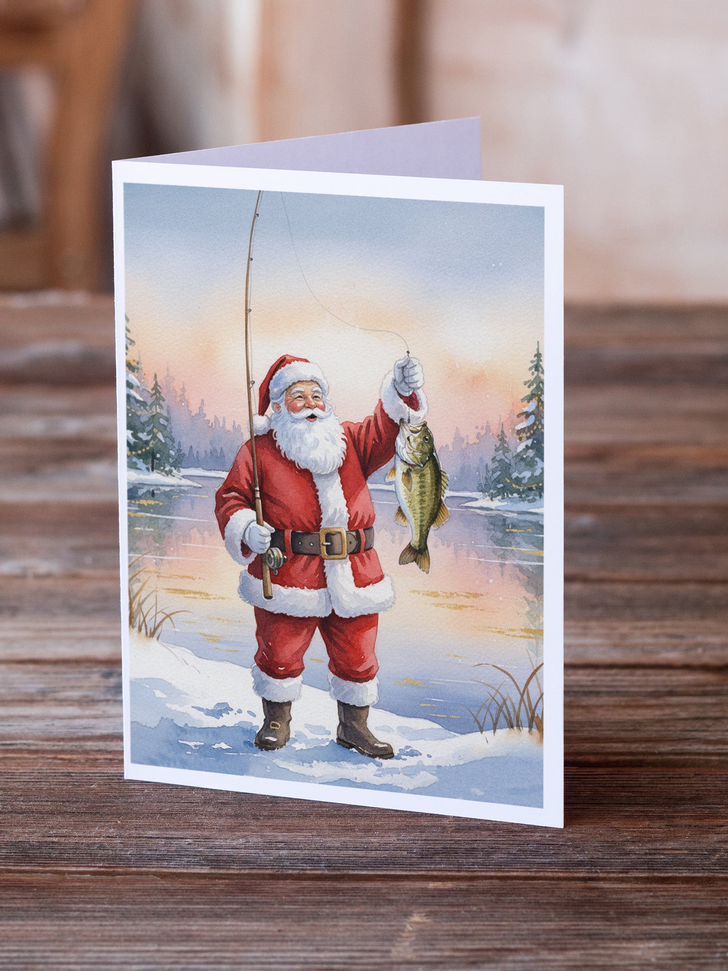 Caroline's Treasures Fishing Santa Claus with Smallmouth Bass Christmas Greeting Cards Pack of 8