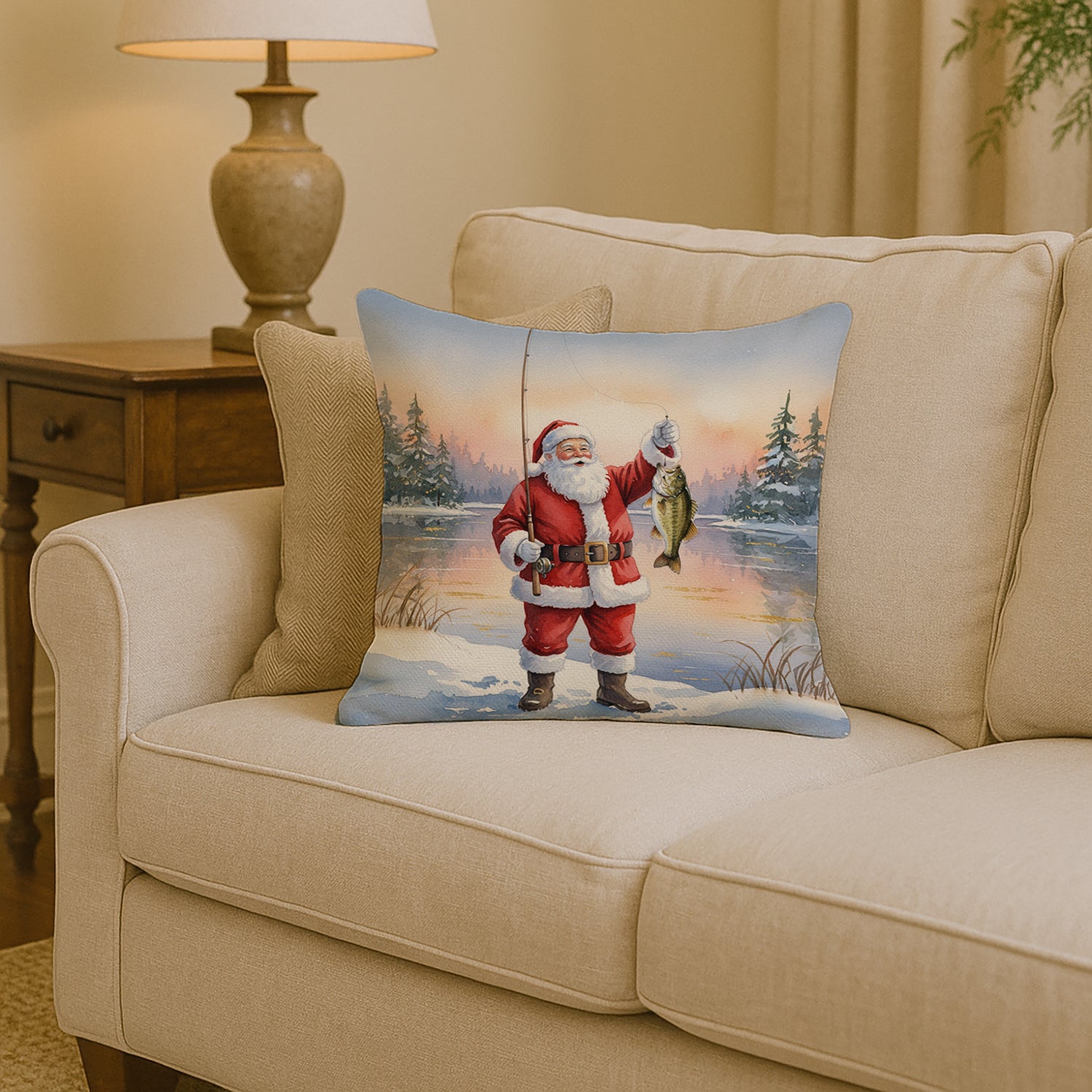 Caroline's Treasures Fishing Santa Claus with Smallmouth Bass Christmas Throw Pillow