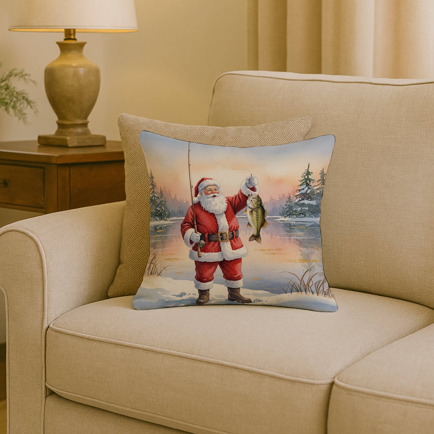 Caroline's Treasures Fishing Santa Claus with Smallmouth Bass Christmas Throw Pillow