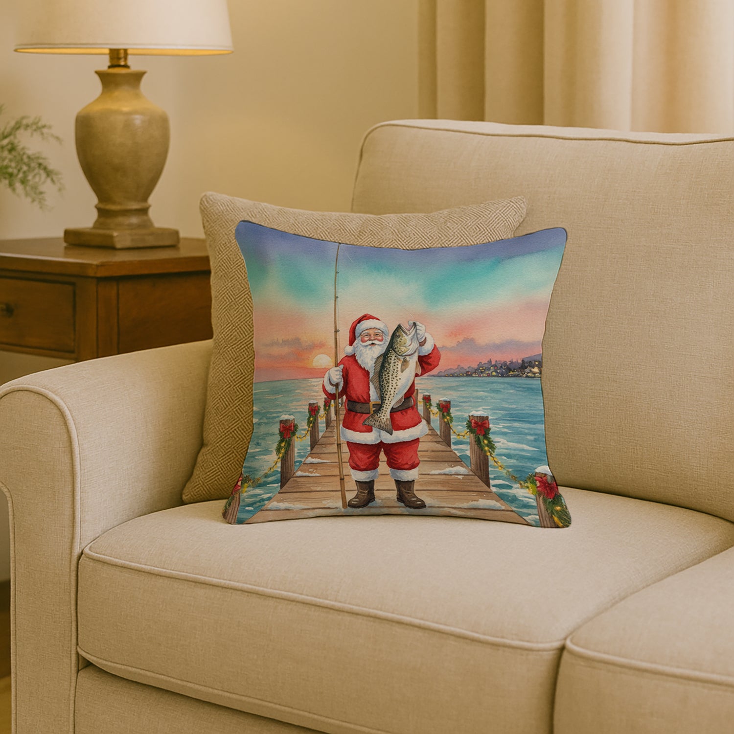 Caroline's Treasures Fishing Santa Claus with Speckled Trout Christmas Throw Pillow