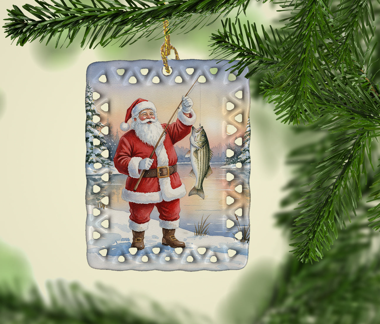 Caroline's Treasures Fishing Santa Claus with Striped Bass Christmas Porcelain Ornament