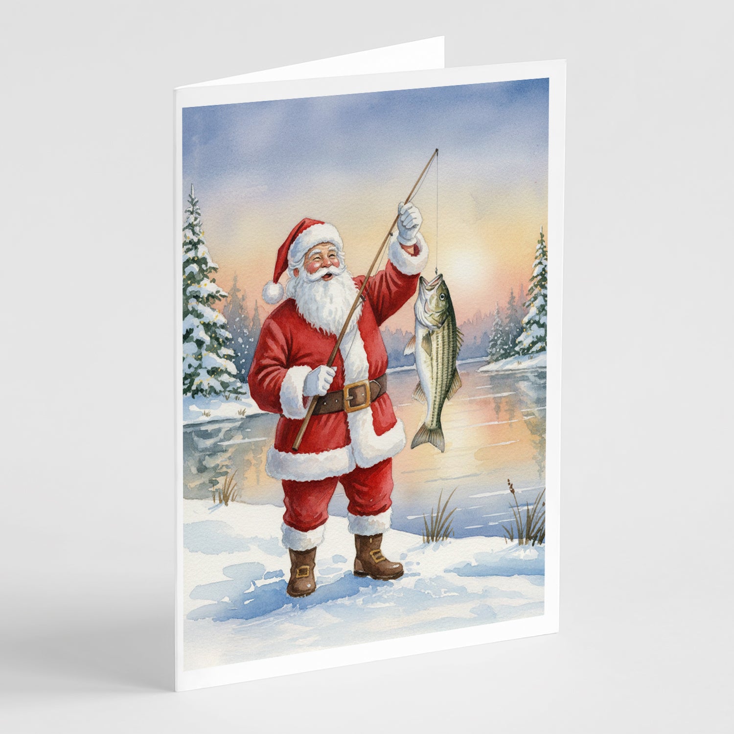 Caroline's Treasures Fishing Santa Claus with Striped Bass Christmas Greeting Cards Pack of 8