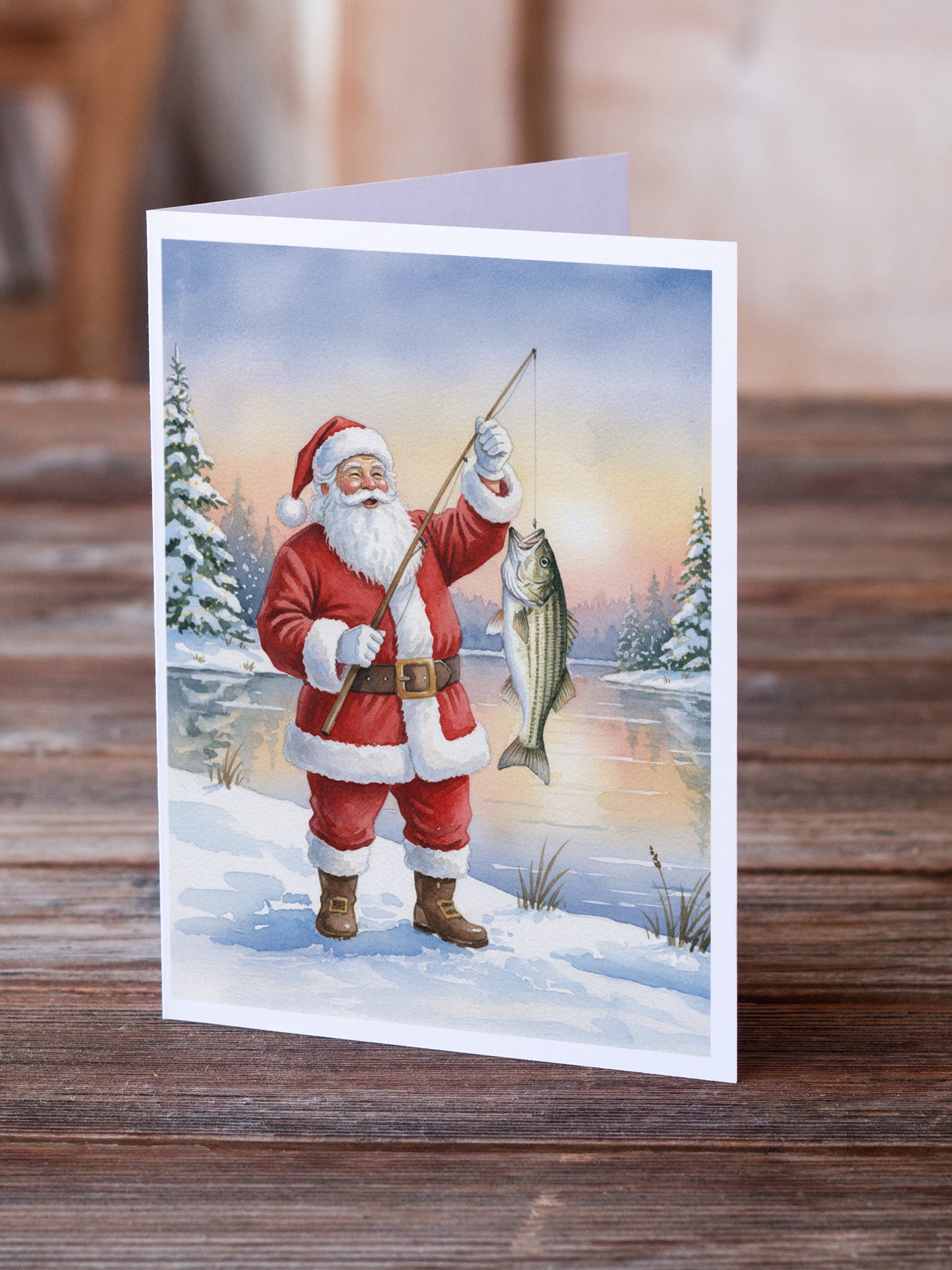 Caroline's Treasures Fishing Santa Claus with Striped Bass Christmas Greeting Cards Pack of 8