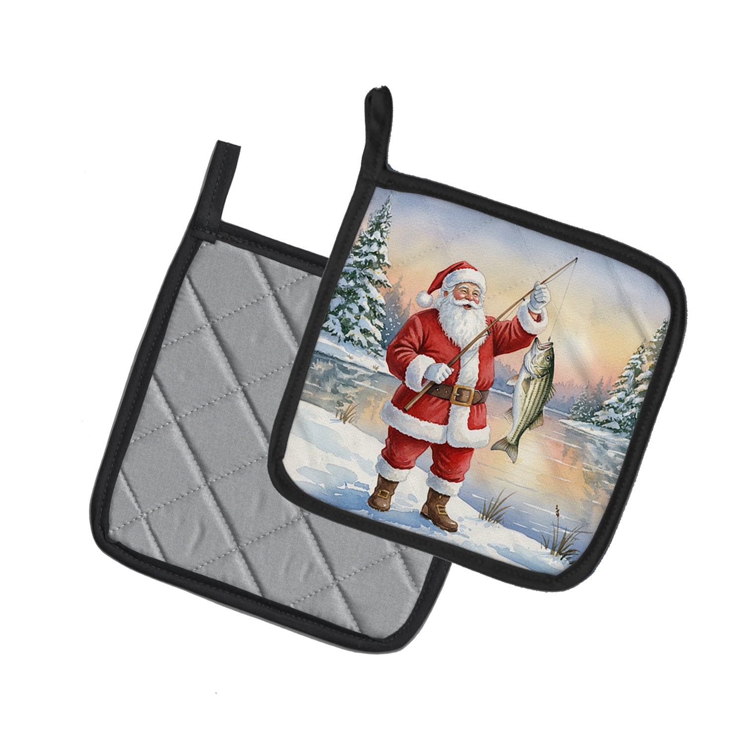 Caroline's Treasures Fishing Santa Claus with Striped Bass Christmas Pair of Pot Holders