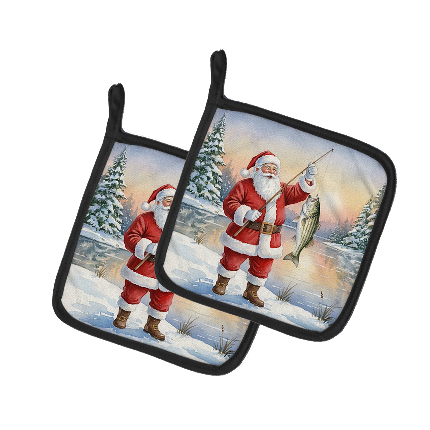 Caroline's Treasures Fishing Santa Claus with Striped Bass Christmas Pair of Pot Holders