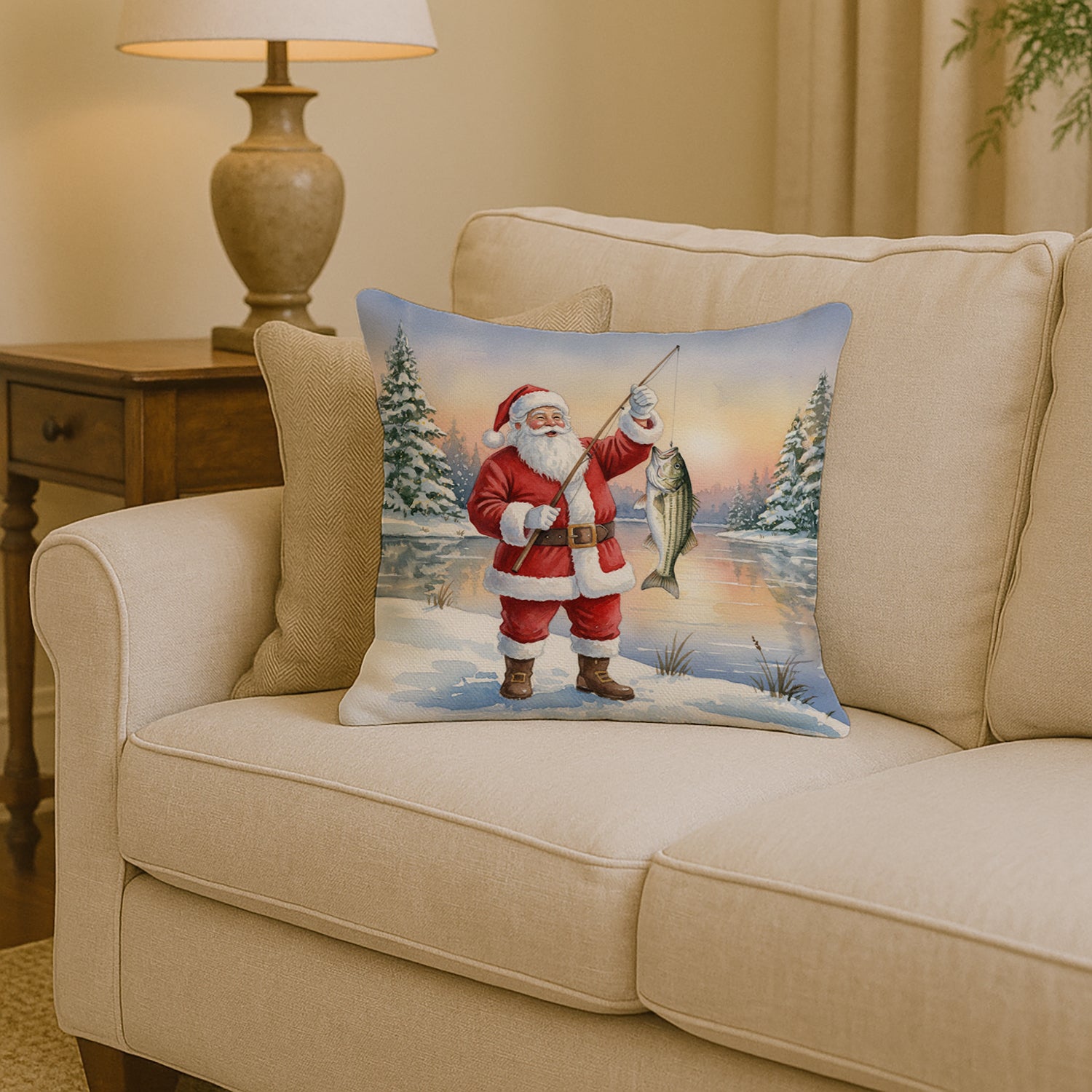Caroline's Treasures Fishing Santa Claus with Striped Bass Christmas Throw Pillow