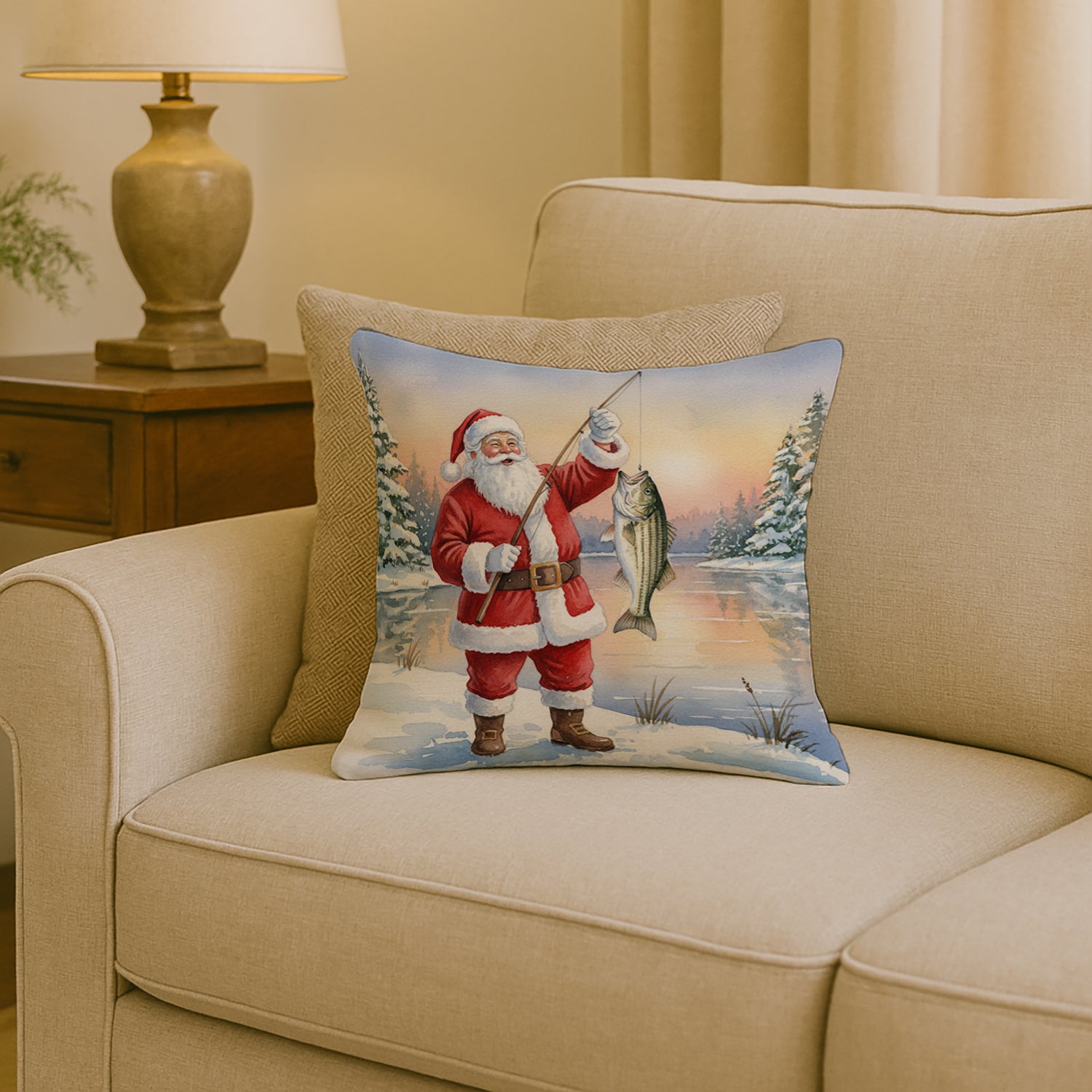 Caroline's Treasures Fishing Santa Claus with Striped Bass Christmas Throw Pillow