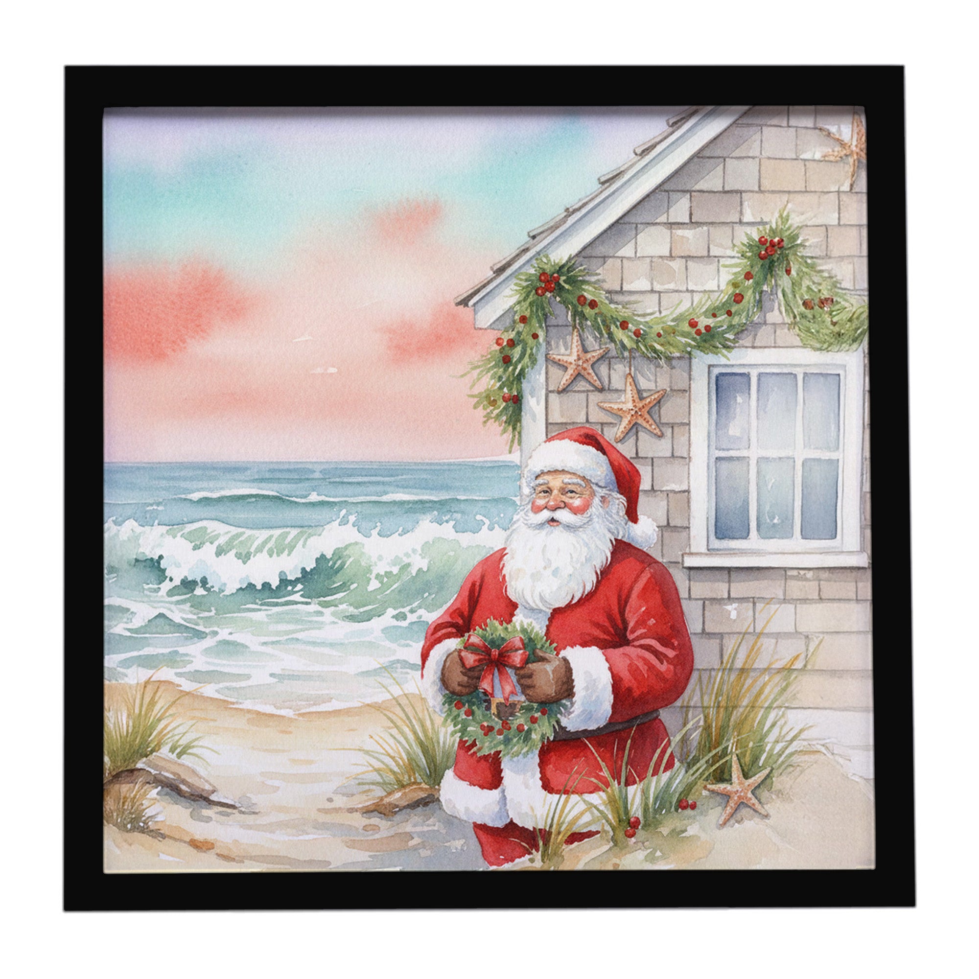 Caroline's Treasures Santa Claus by the Seaside Cottage Christmas Framed Metal Print