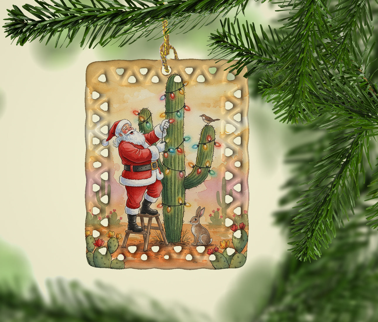 Caroline's Treasures Santa Claus Decorating a Cactus Christmas Porcelain Ornament