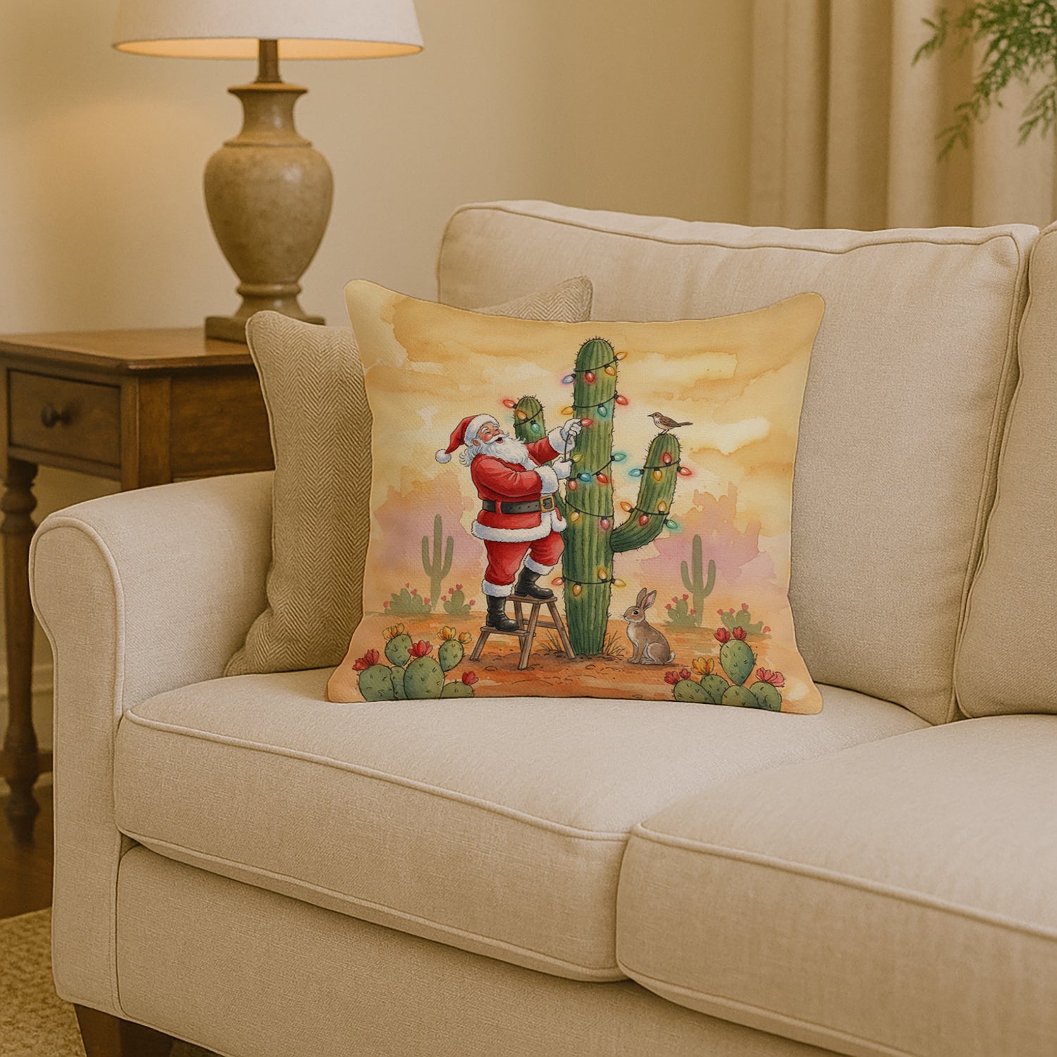 Caroline's Treasures Santa Claus Decorating a Cactus Christmas Throw Pillow