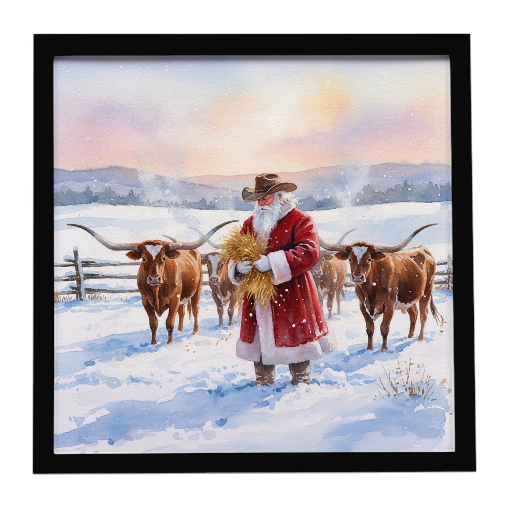 Caroline's Treasures Santa Claus Feeding the Longhorns Christmas Framed Metal Print