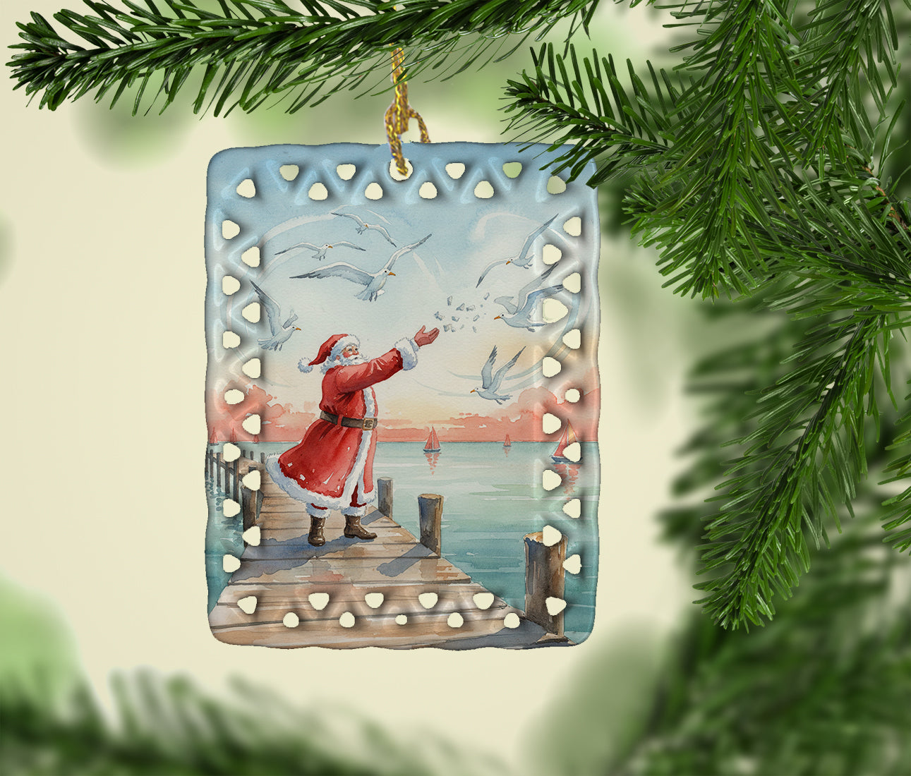 Caroline's Treasures Santa Claus Feeding the Seagulls Christmas Porcelain Ornament