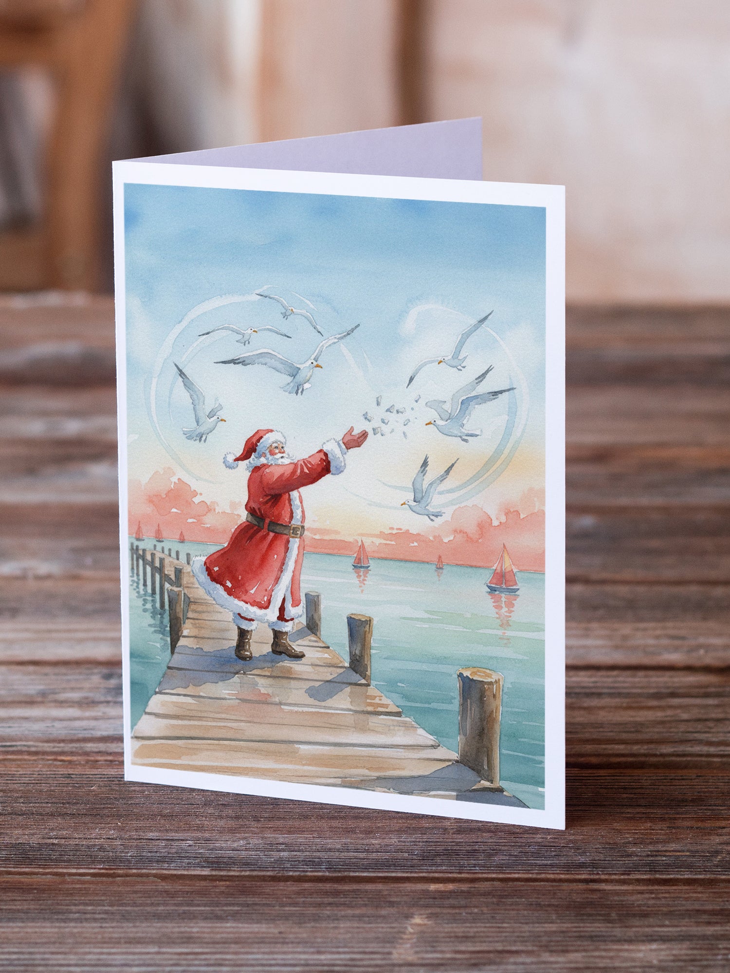 Caroline's Treasures Santa Claus Feeding the Seagulls Christmas Greeting Cards Pack of 8