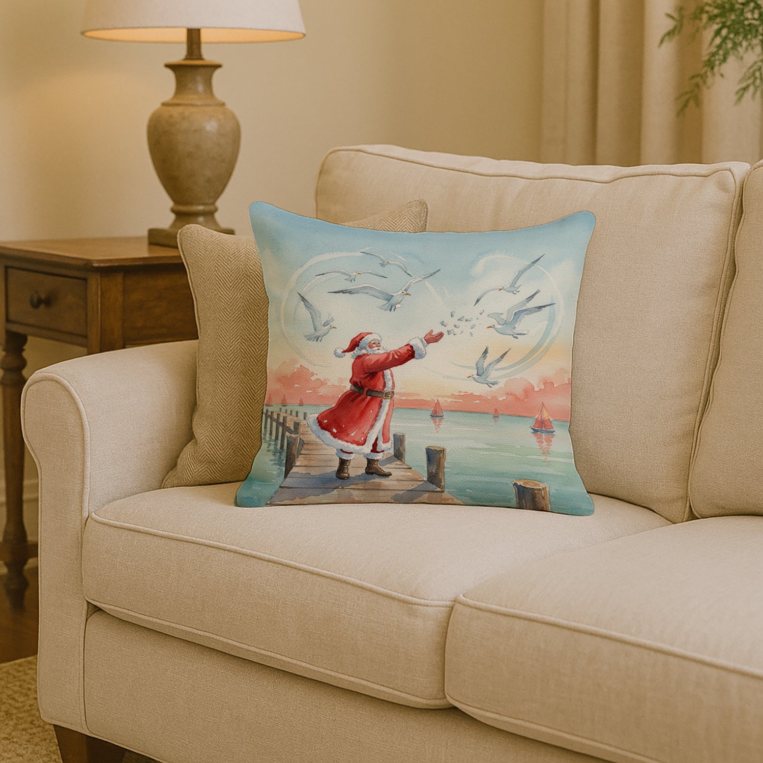 Caroline's Treasures Santa Claus Feeding the Seagulls Christmas Throw Pillow