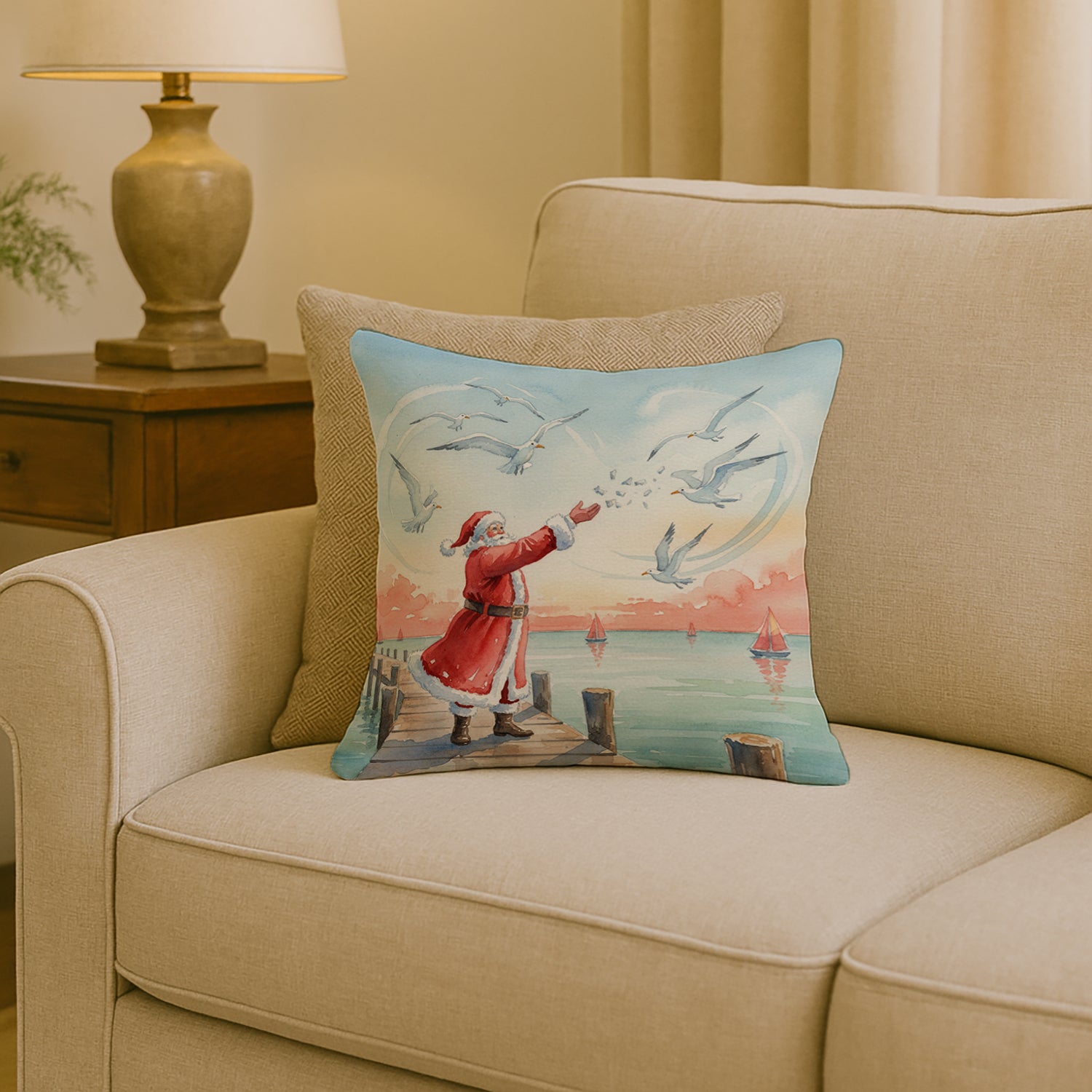 Caroline's Treasures Santa Claus Feeding the Seagulls Christmas Throw Pillow