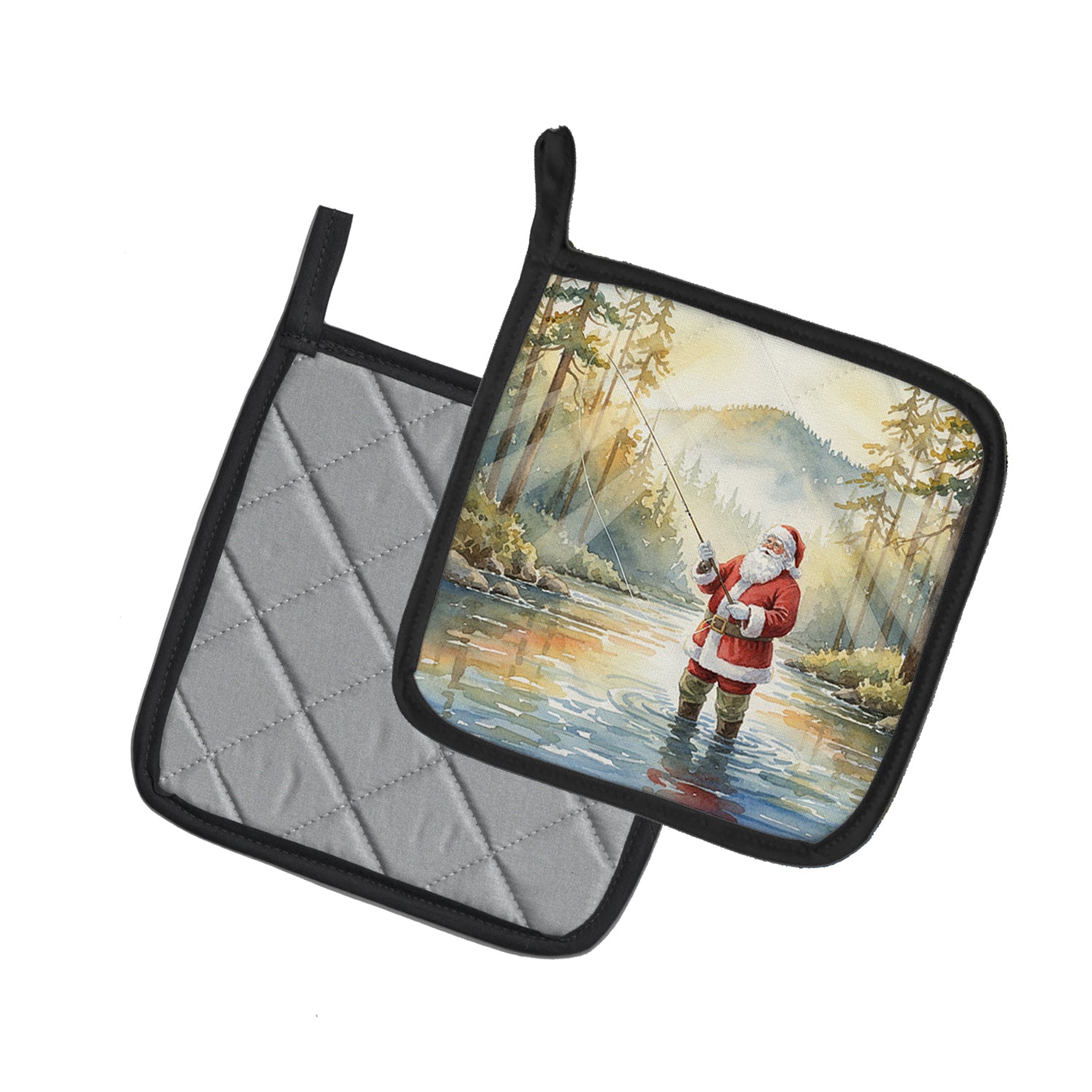 Caroline's Treasures Santa Claus Fly-Fishing at Sunrise Christmas Pair of Pot Holders