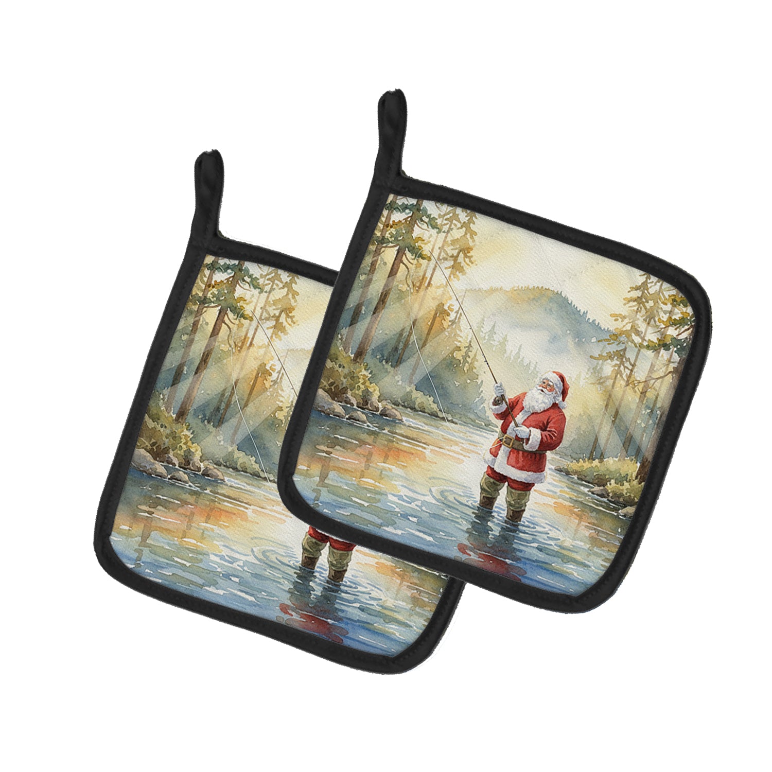 Caroline's Treasures Santa Claus Fly-Fishing at Sunrise Christmas Pair of Pot Holders