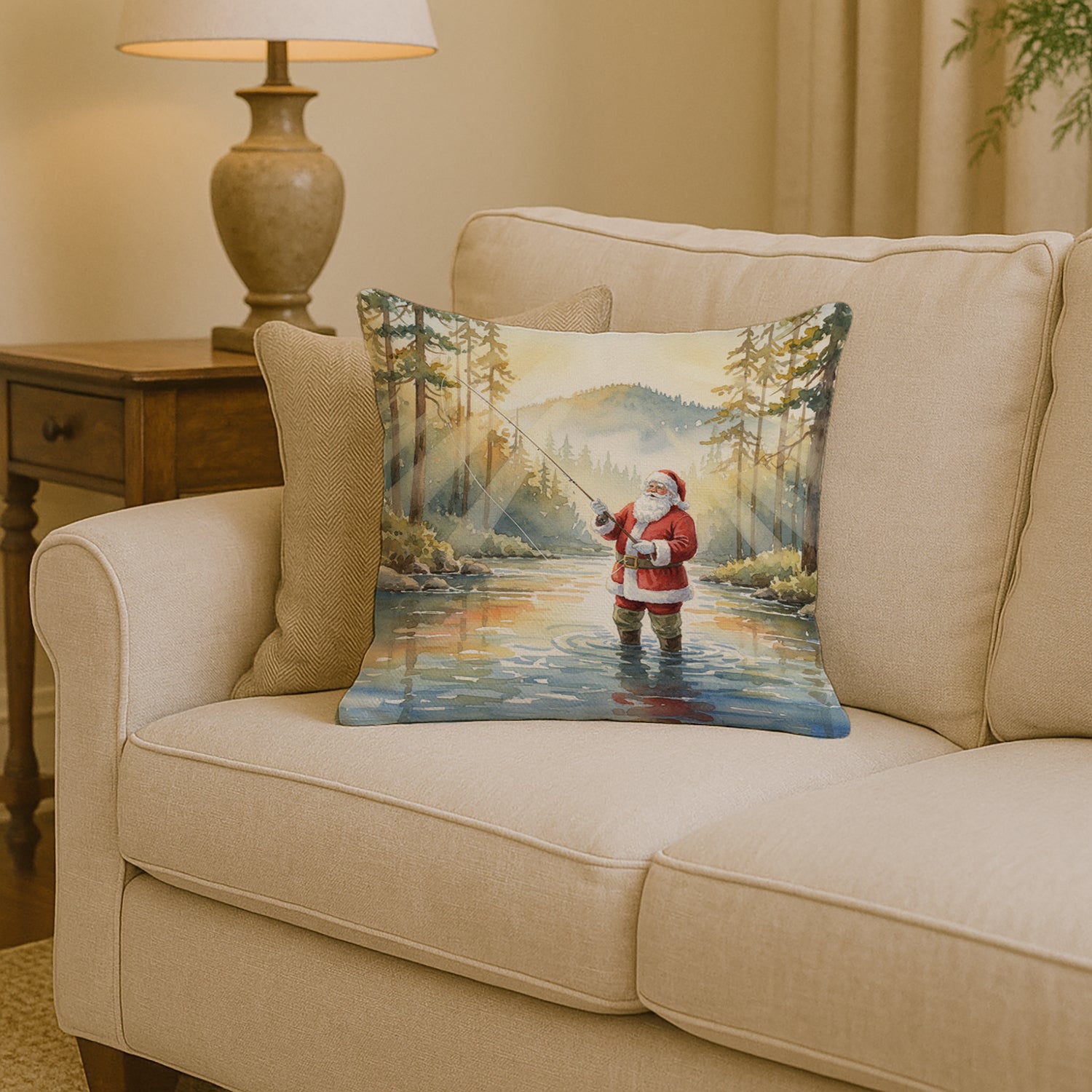 Caroline's Treasures Santa Claus Fly-Fishing at Sunrise Christmas Throw Pillow