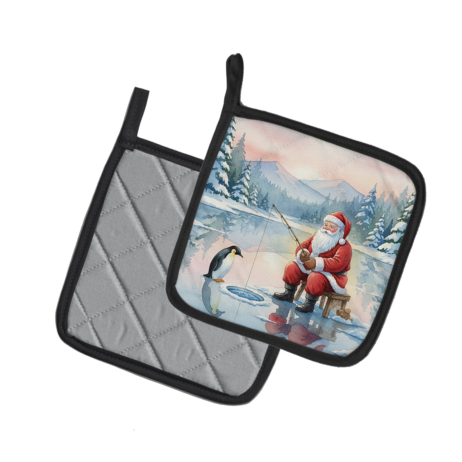 Caroline's Treasures Santa Claus Ice Fishing on the Lake Christmas Pair of Pot Holders